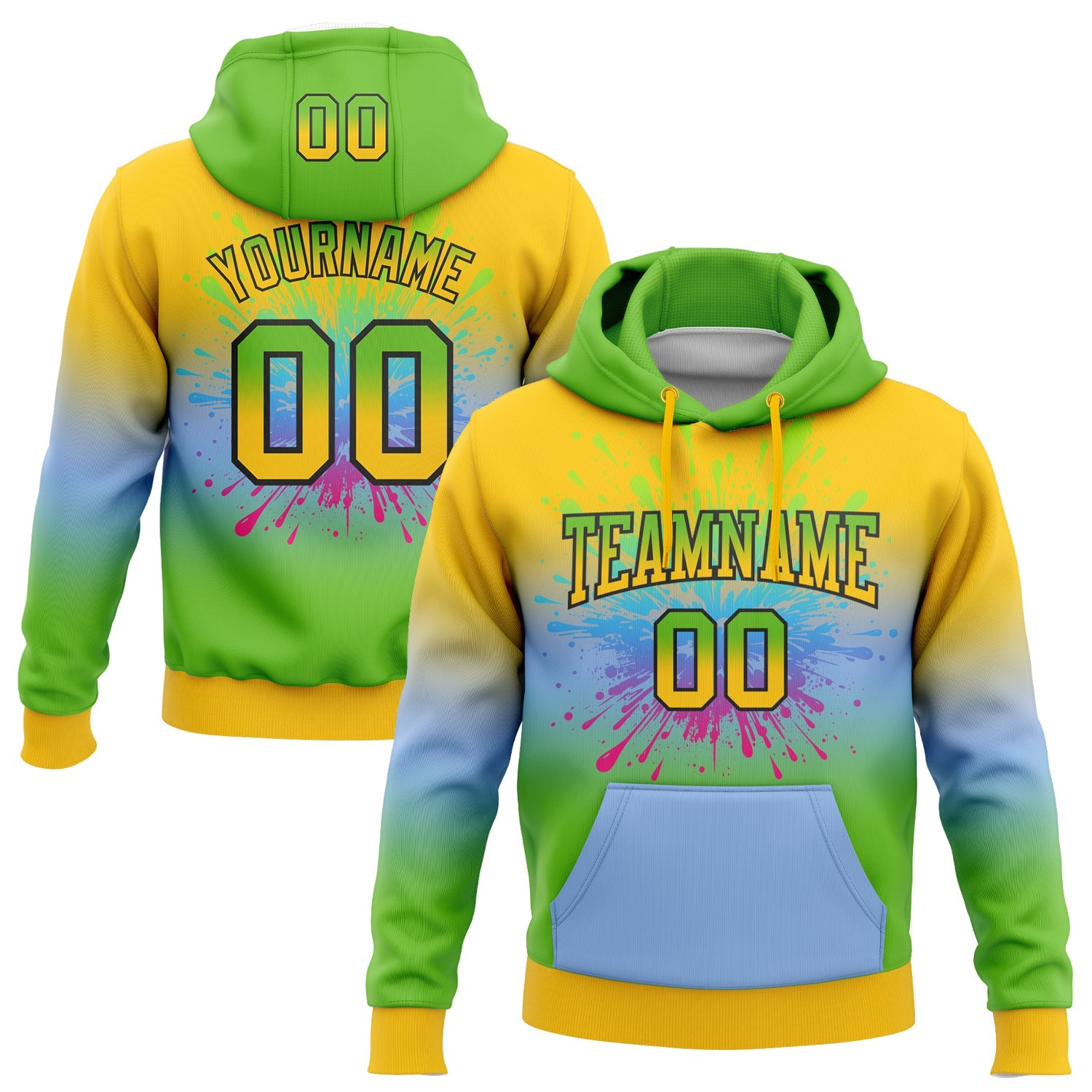 Custom Stitched Yellow Aurora Green Light Blue-Black Fade Fashion Splash Sports Pullover Sweatshirt Hoodie - Main View