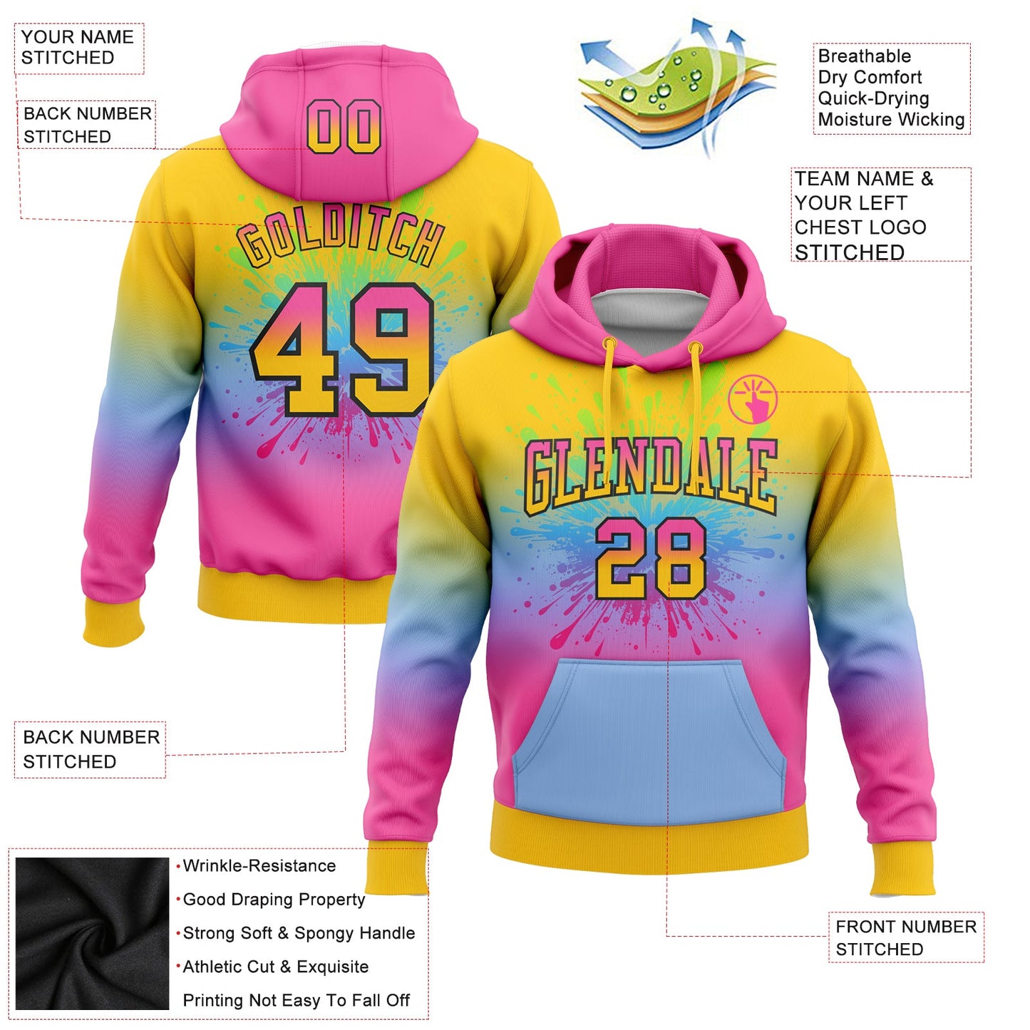 Custom Stitched Yellow Pink Light Blue-Black Fade Fashion Splash Sports Pullover Sweatshirt Hoodie view 2