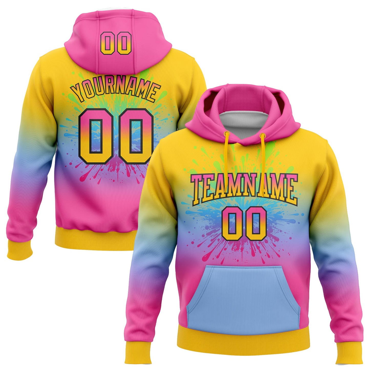 Custom Stitched Yellow Pink Light Blue-Black Fade Fashion Splash Sports Pullover Sweatshirt Hoodie - Main View