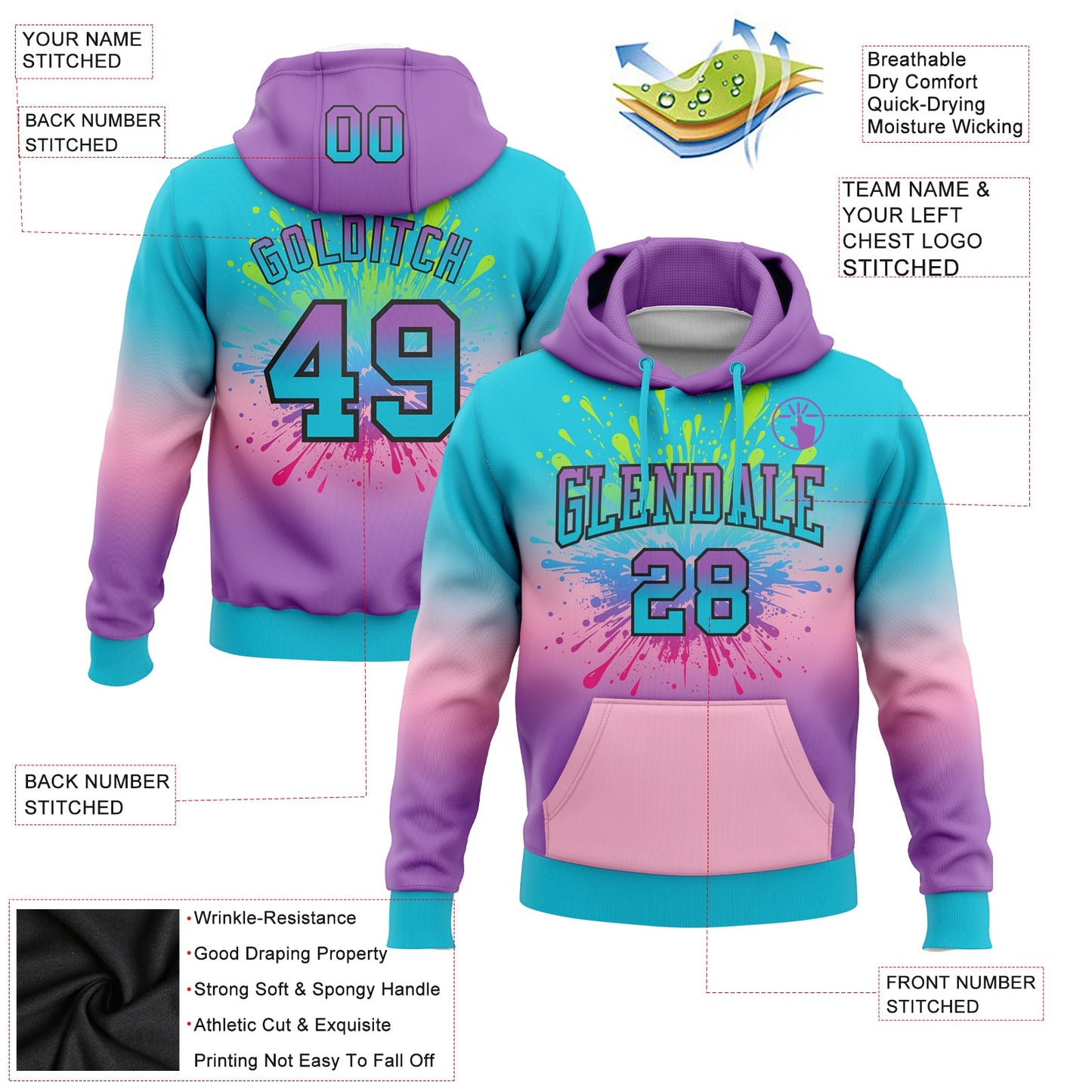 Custom Stitched Lakes Blue Medium Purple Light Pink-Black Fade Fashion Splash Sports Pullover Sweatshirt Hoodie view 2