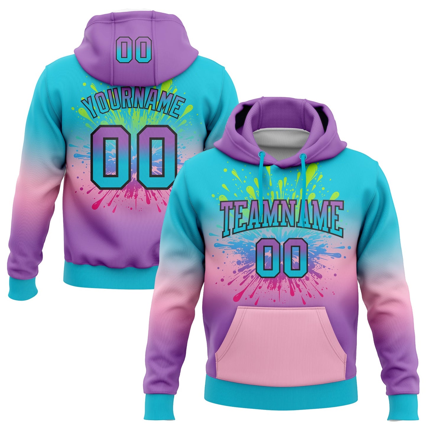 Custom Stitched Lakes Blue Medium Purple Light Pink-Black Fade Fashion Splash Sports Pullover Sweatshirt Hoodie - Main View