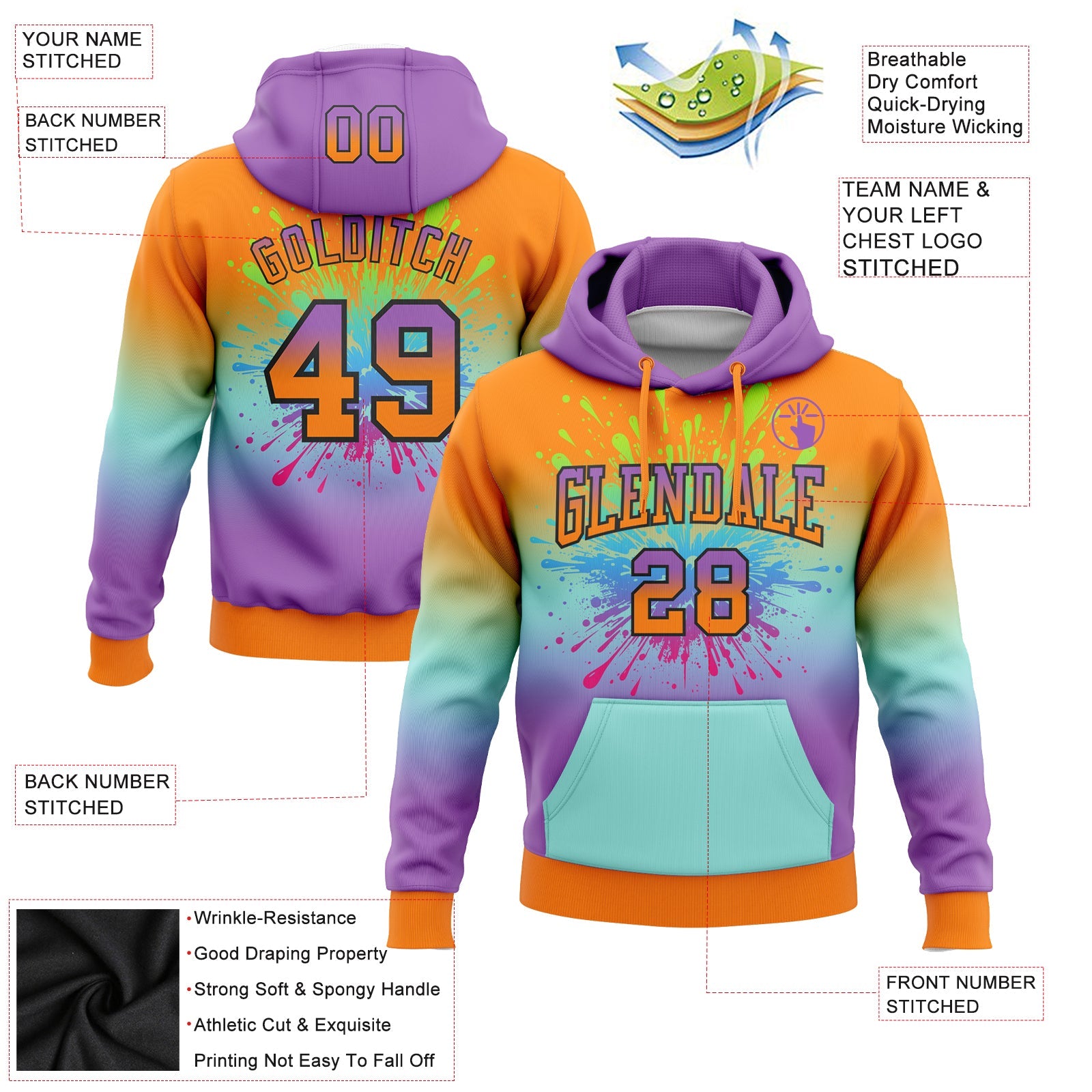 Custom Stitched Bay Orange Medium Purple Ice Blue-Black Fade Fashion Splash Sports Pullover Sweatshirt Hoodie view 2
