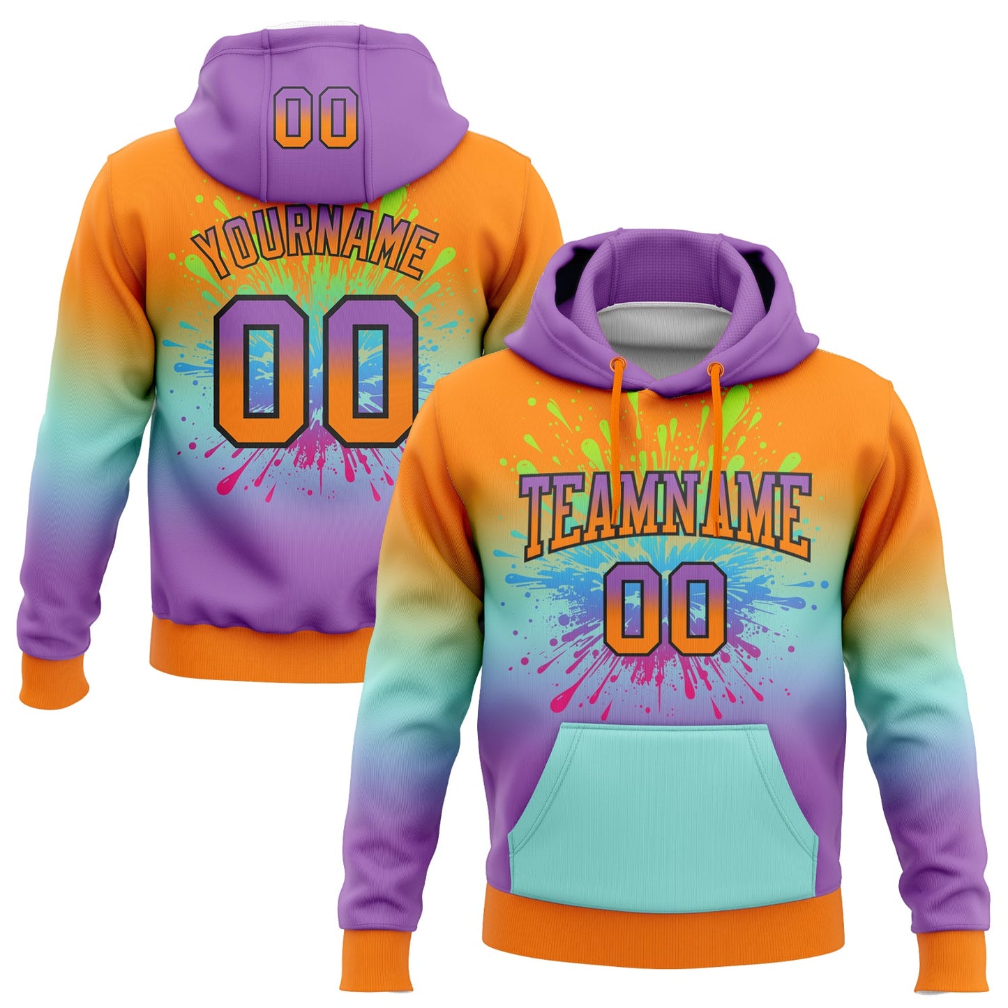 Custom Stitched Bay Orange Medium Purple Ice Blue-Black Fade Fashion Splash Sports Pullover Sweatshirt Hoodie - Main View