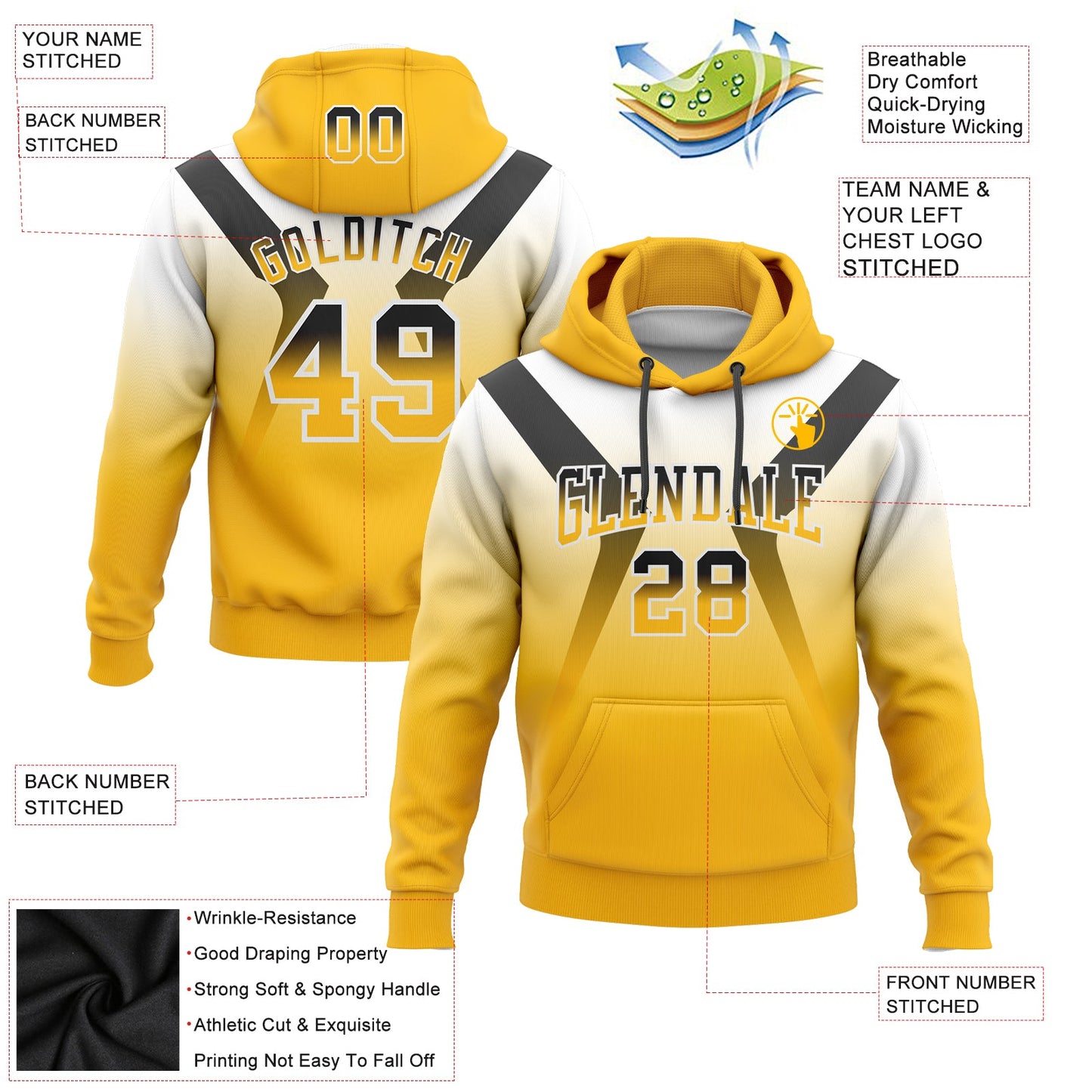 Custom Stitched White Black-Gold Fade Fashion Arrow Sports Pullover Sweatshirt Hoodie view 2
