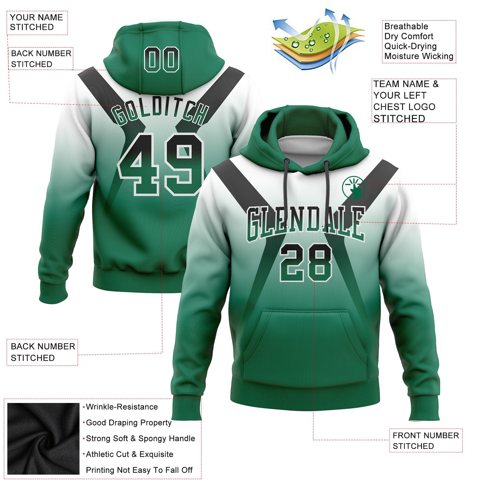 Custom Stitched White Black-Kelly Green Fade Fashion Arrow Sports Pullover Sweatshirt Hoodie view 2