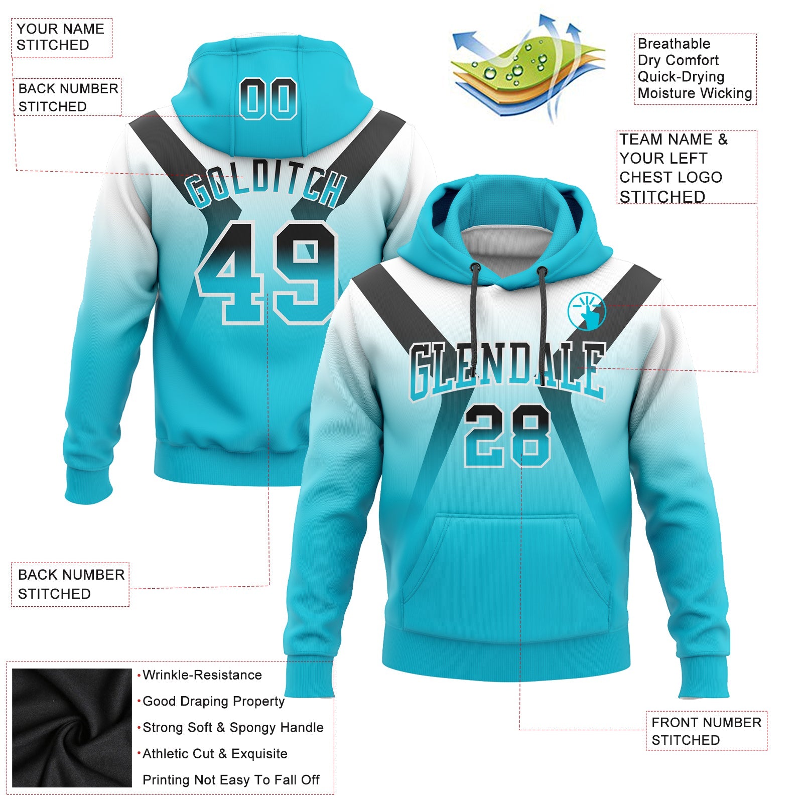 Custom Stitched White Black-Lakes Blue Fade Fashion Arrow Sports Pullover Sweatshirt Hoodie view 2