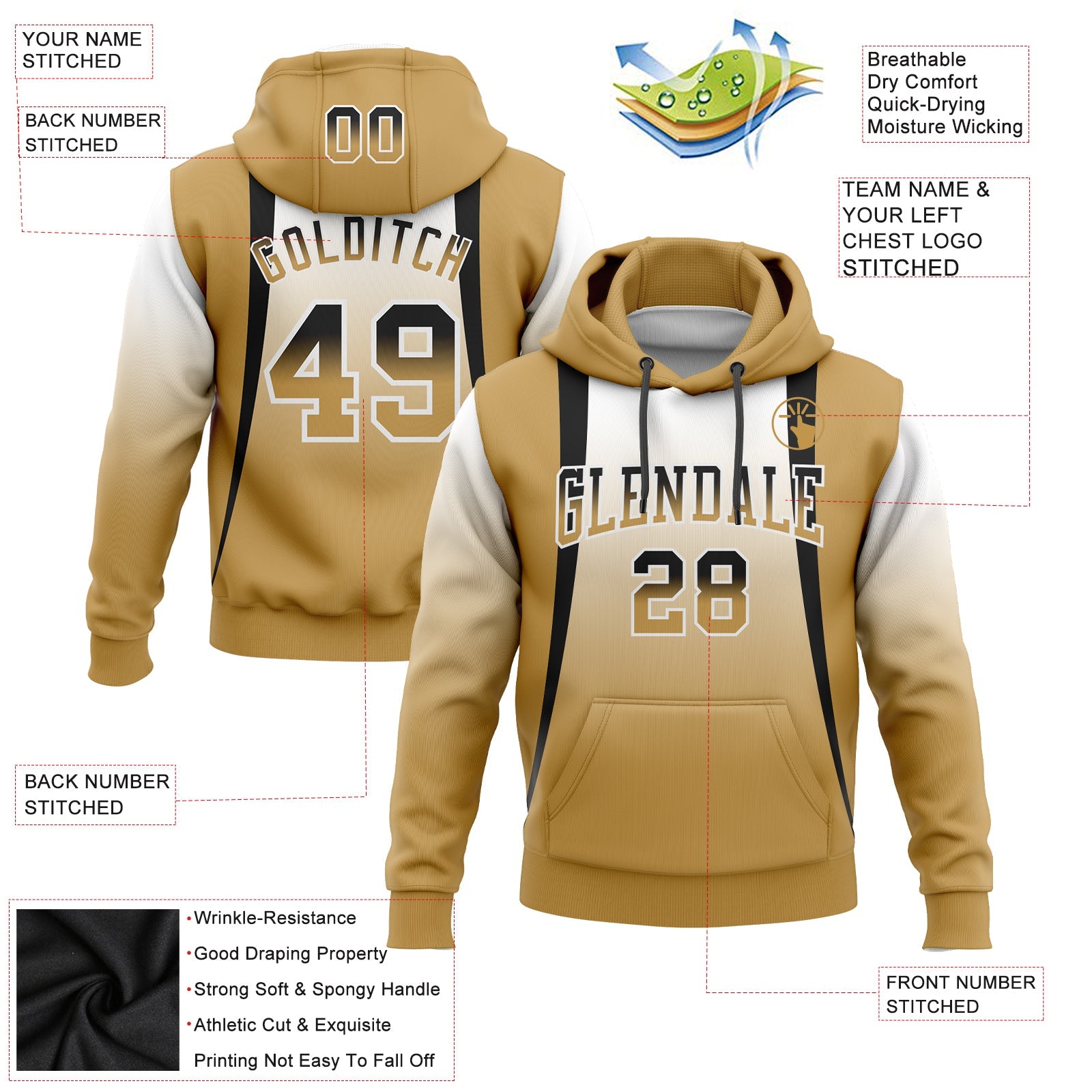 Custom Stitched White Black-Old Gold Fade Fashion Line Sports Pullover Sweatshirt Hoodie view 2