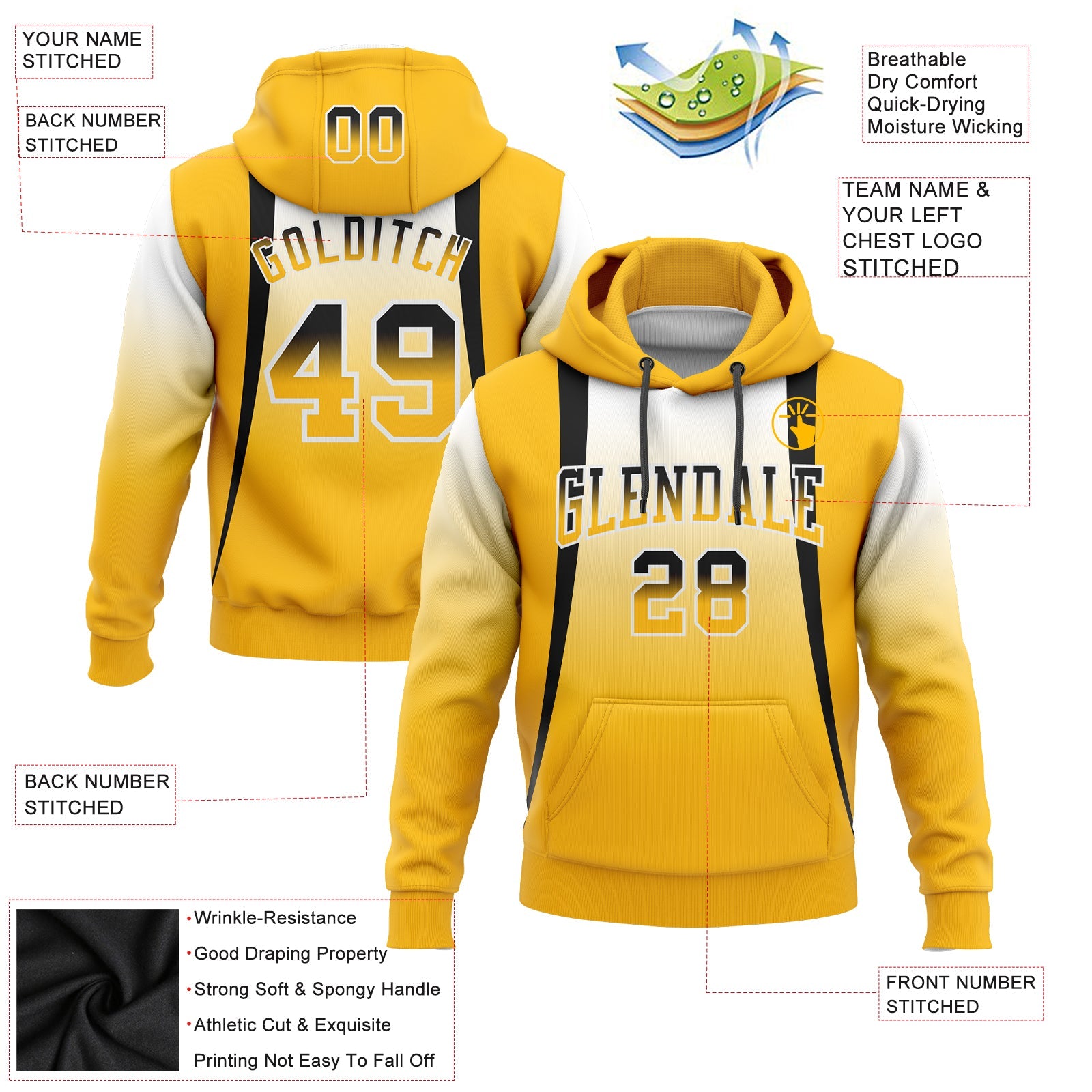 Custom Stitched White Black-Old Gold Fade Fashion Line Sports Pullover Sweatshirt Hoodie view 2