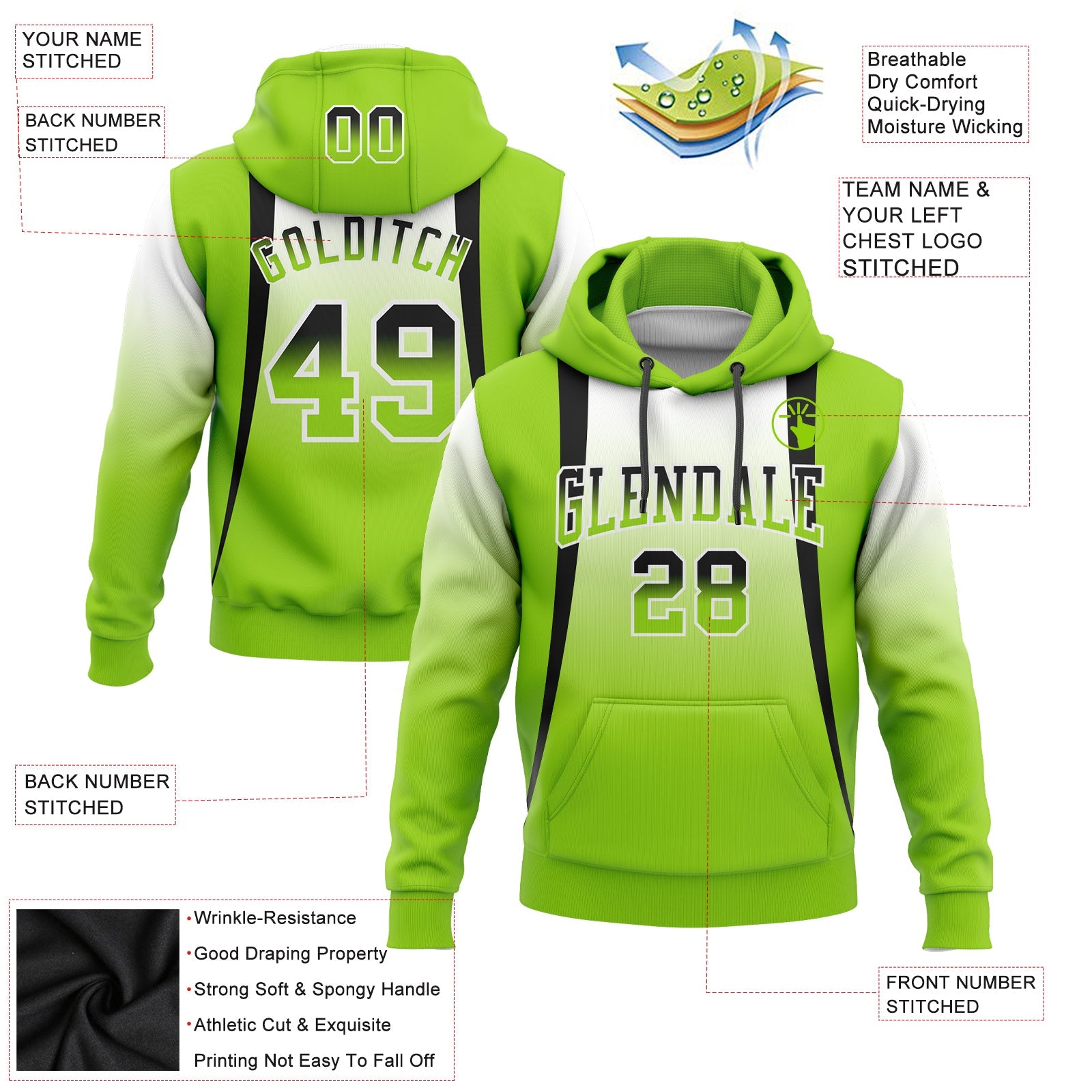 Custom Stitched White Black-Neon Green Fade Fashion Line Sports Pullover Sweatshirt Hoodie view 2