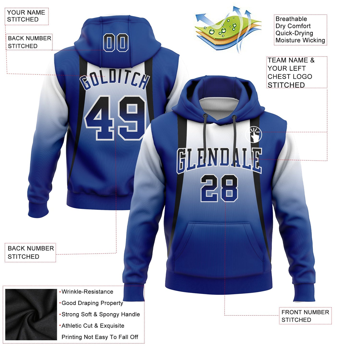 Custom Stitched White Black-Royal Fade Fashion Line Sports Pullover Sweatshirt Hoodie view 2