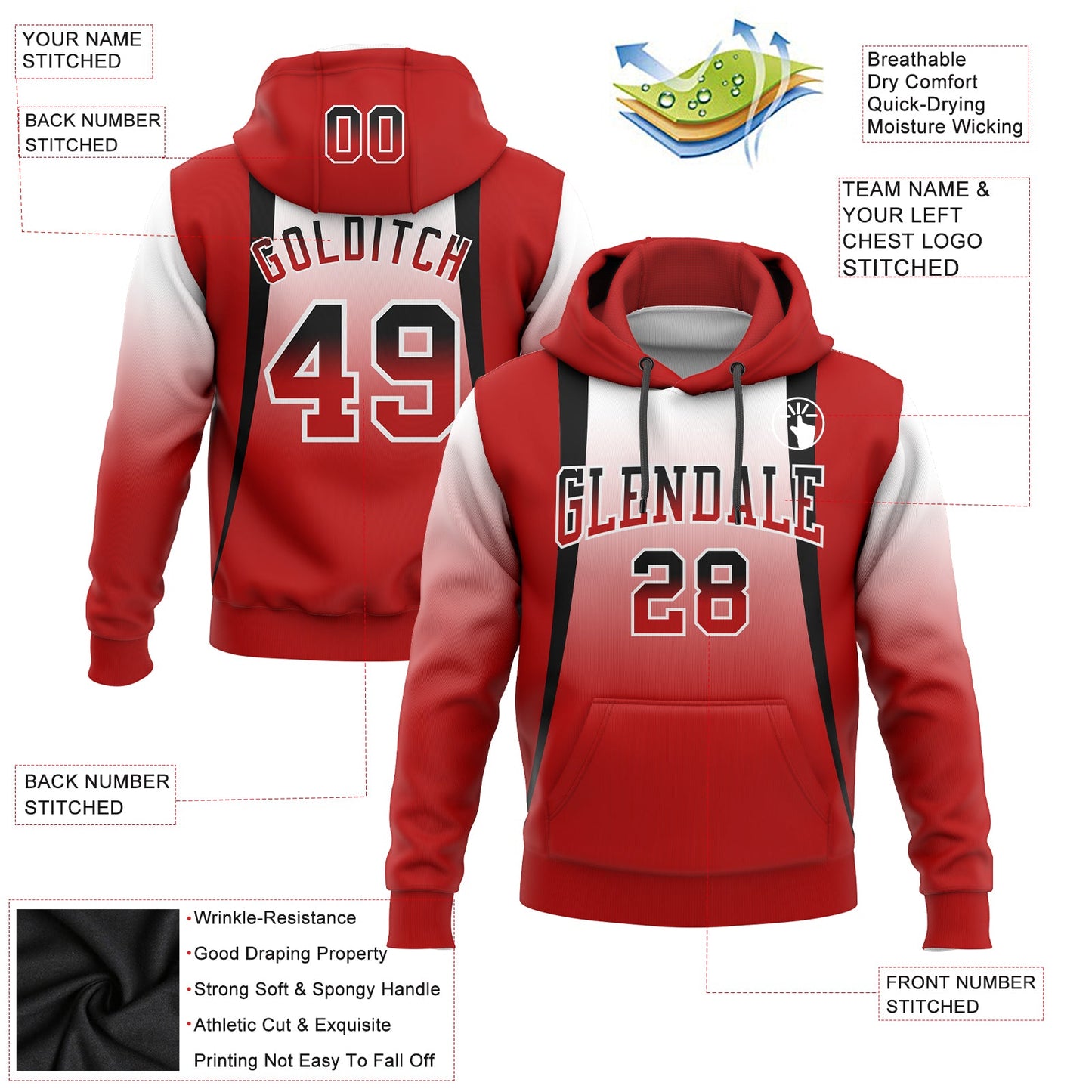 Custom Stitched White Black-Red Fade Fashion Line Sports Pullover Sweatshirt Hoodie view 2