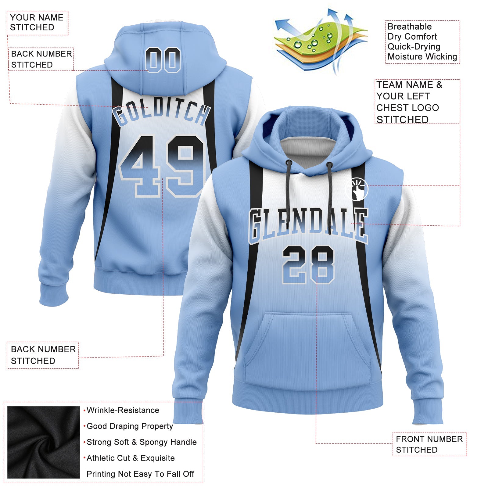 Custom Stitched White Black-Light Blue Fade Fashion Line Sports Pullover Sweatshirt Hoodie view 2