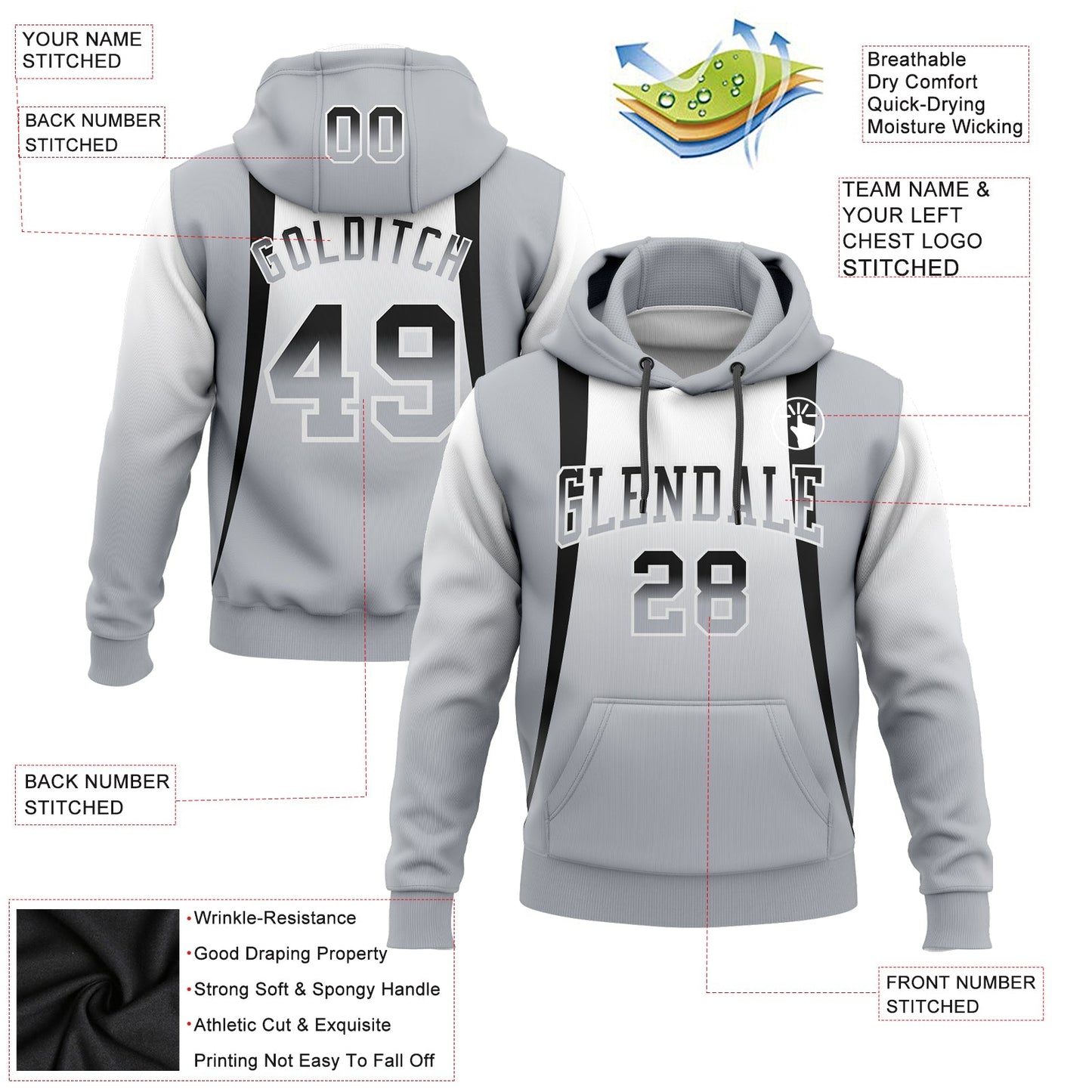 Custom Stitched White Black-Gray Fade Fashion Line Sports Pullover Sweatshirt Hoodie view 2