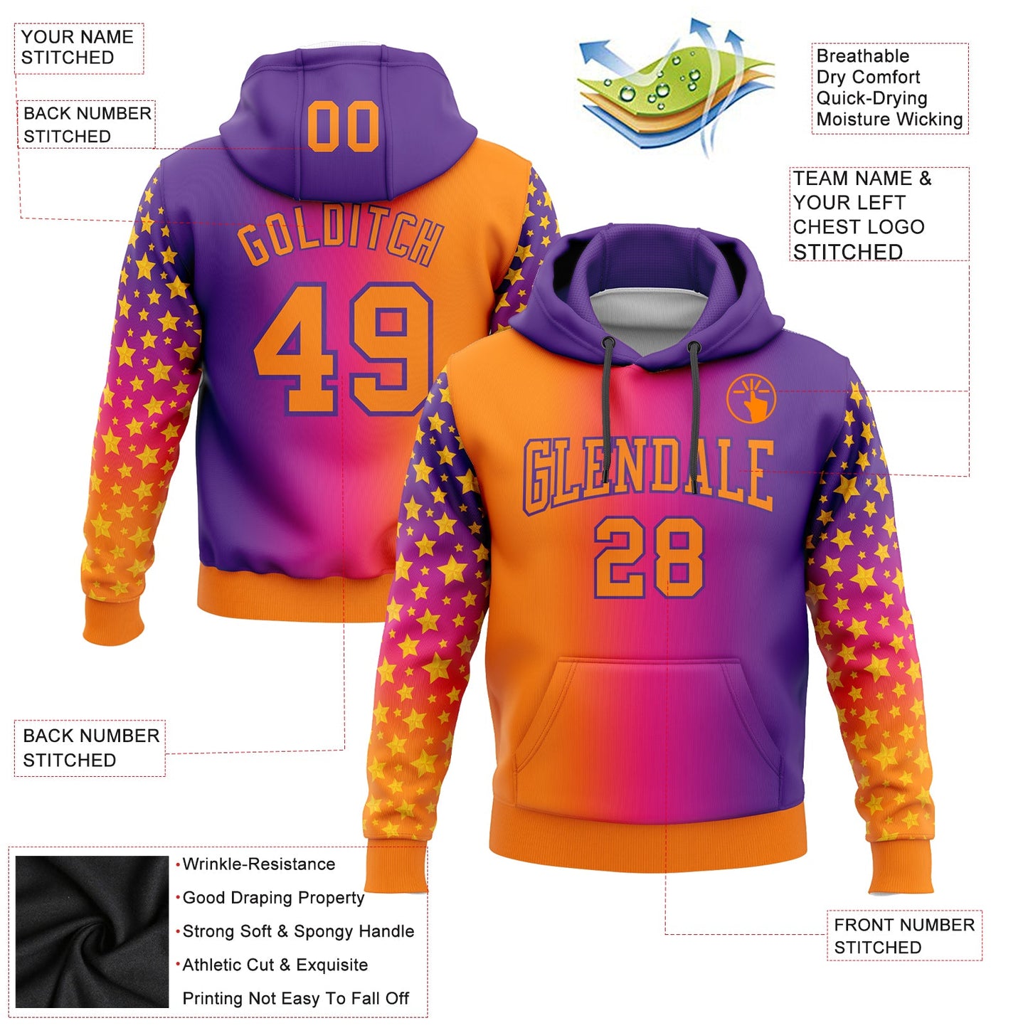 Custom Stitched Purple Bay Orange-Hot Pink Gradient Fashion Star Sports Pullover Sweatshirt Hoodie view 2