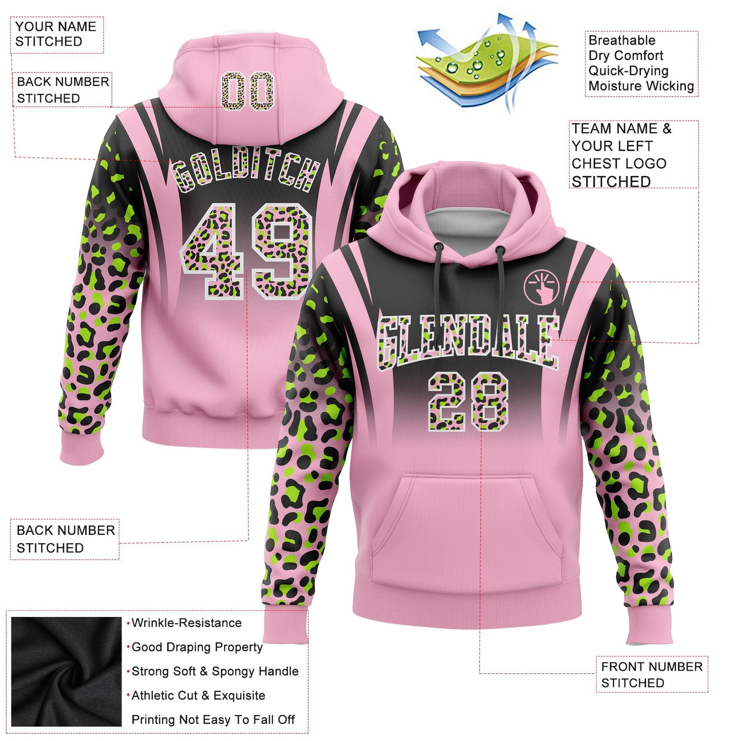 Custom Stitched Black Light Pink-Neon Green Fade Fashion Leopard Print Sports Pullover Sweatshirt Hoodie view 2
