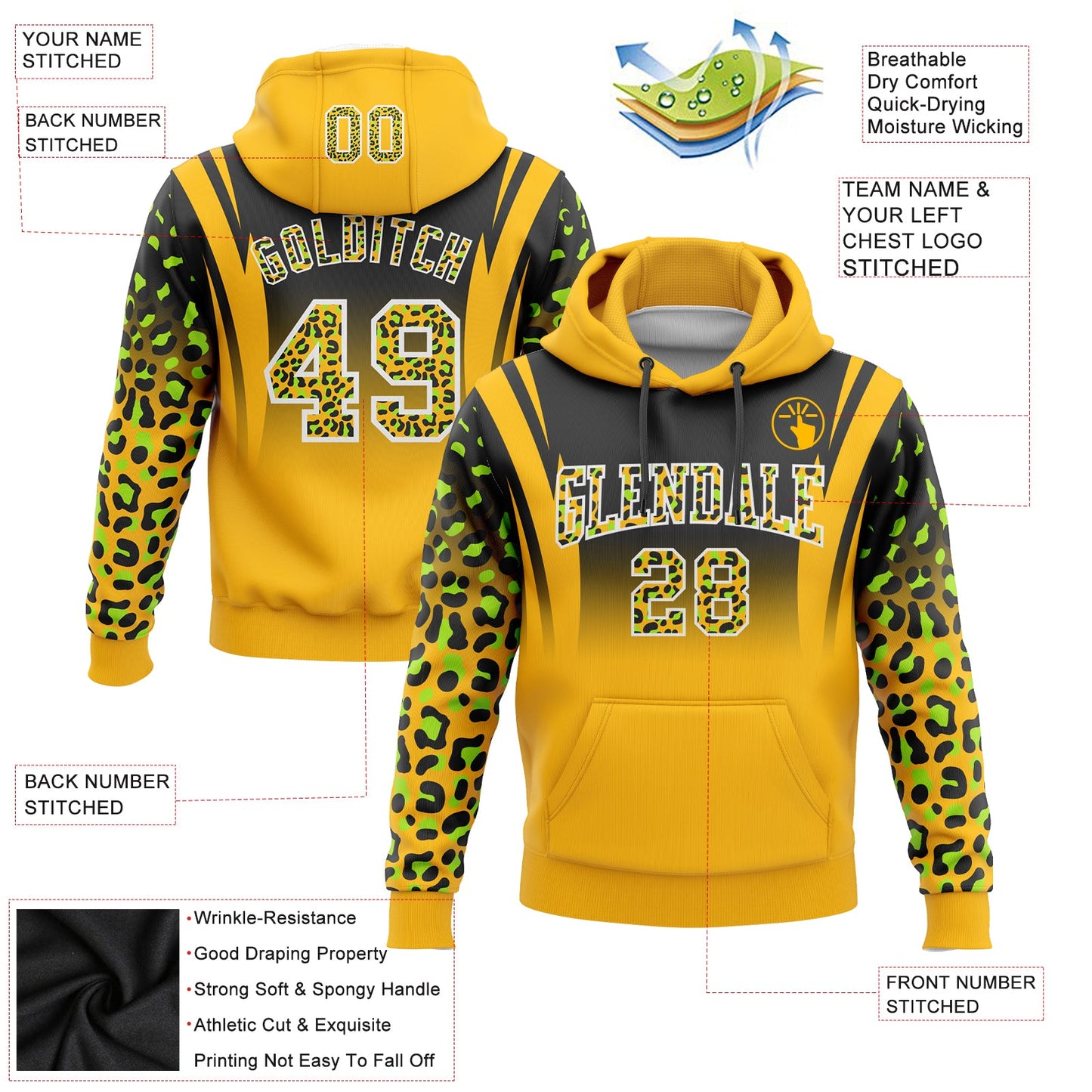 Custom Stitched Black Gold-Neon Green Fade Fashion Leopard Print Sports Pullover Sweatshirt Hoodie view 2