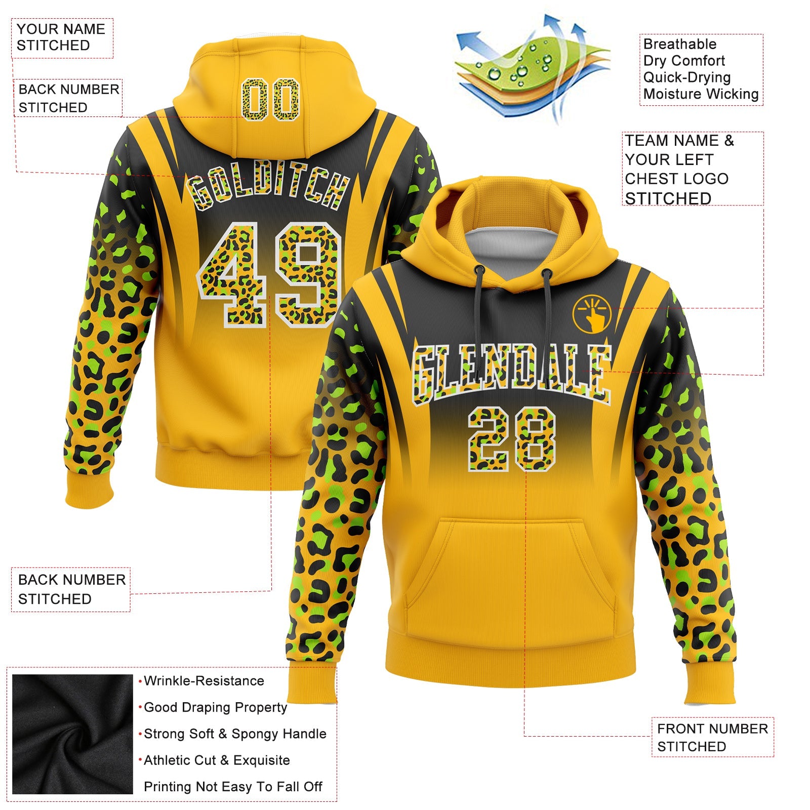 Custom Stitched Black Gold-Neon Green Fade Fashion Leopard Print Sports Pullover Sweatshirt Hoodie view 2