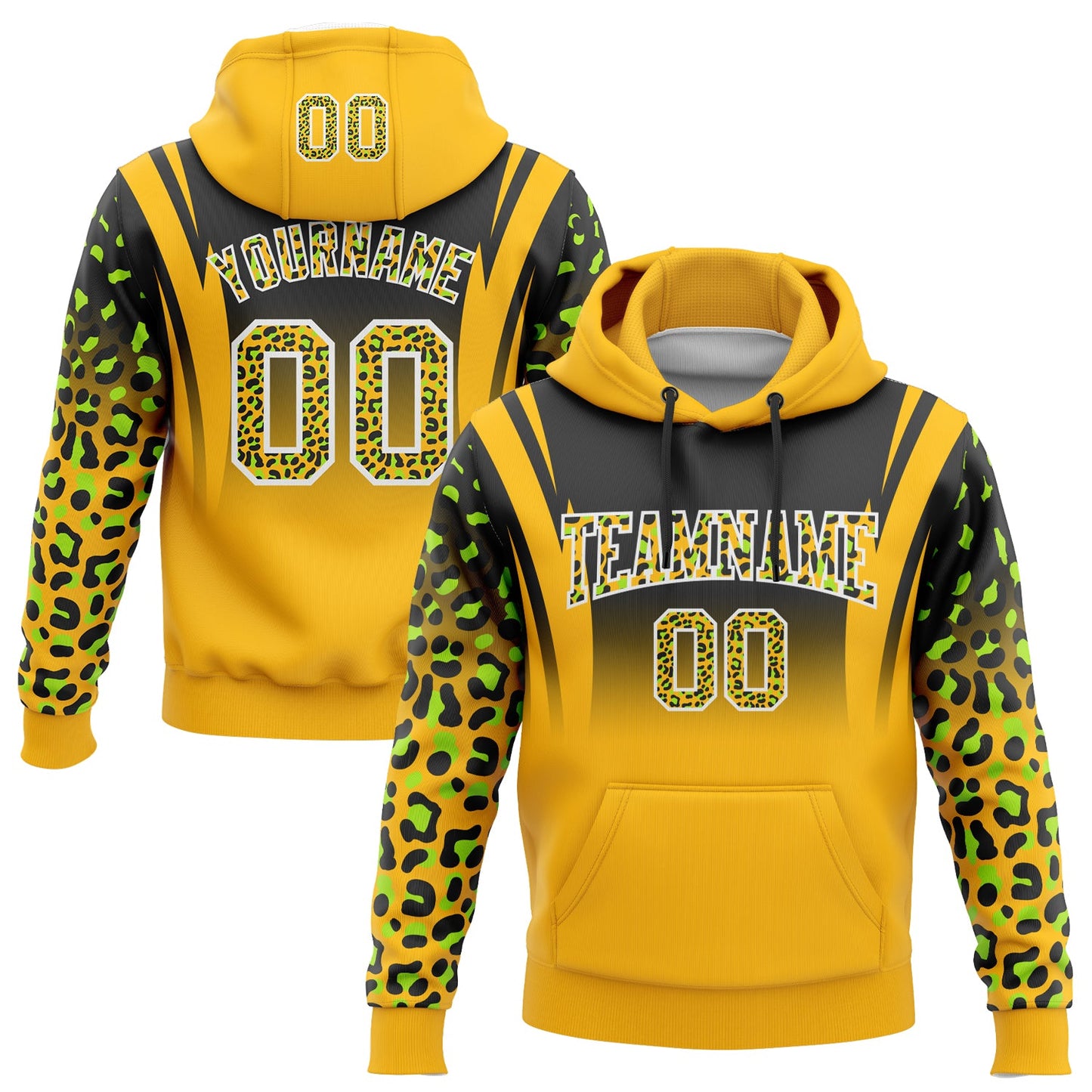 Custom Stitched Black Gold-Neon Green Fade Fashion Leopard Print Sports Pullover Sweatshirt Hoodie - Main View