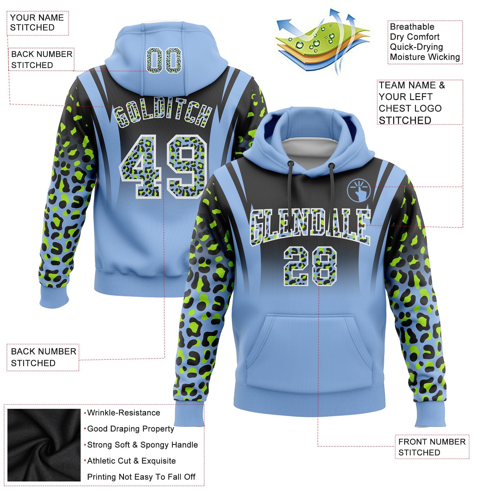 Custom Stitched Black Light Blue-Neon Green Fade Fashion Leopard Print Sports Pullover Sweatshirt Hoodie view 2