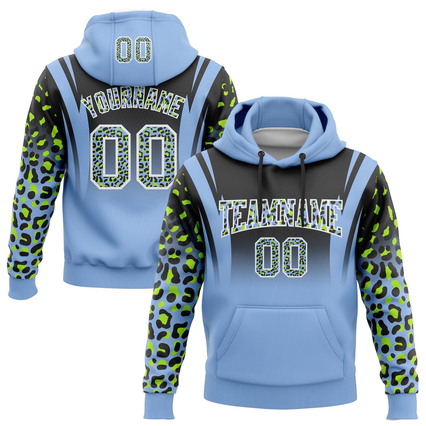 Custom Stitched Black Light Blue-Neon Green Fade Fashion Leopard Print Sports Pullover Sweatshirt Hoodie - Main View