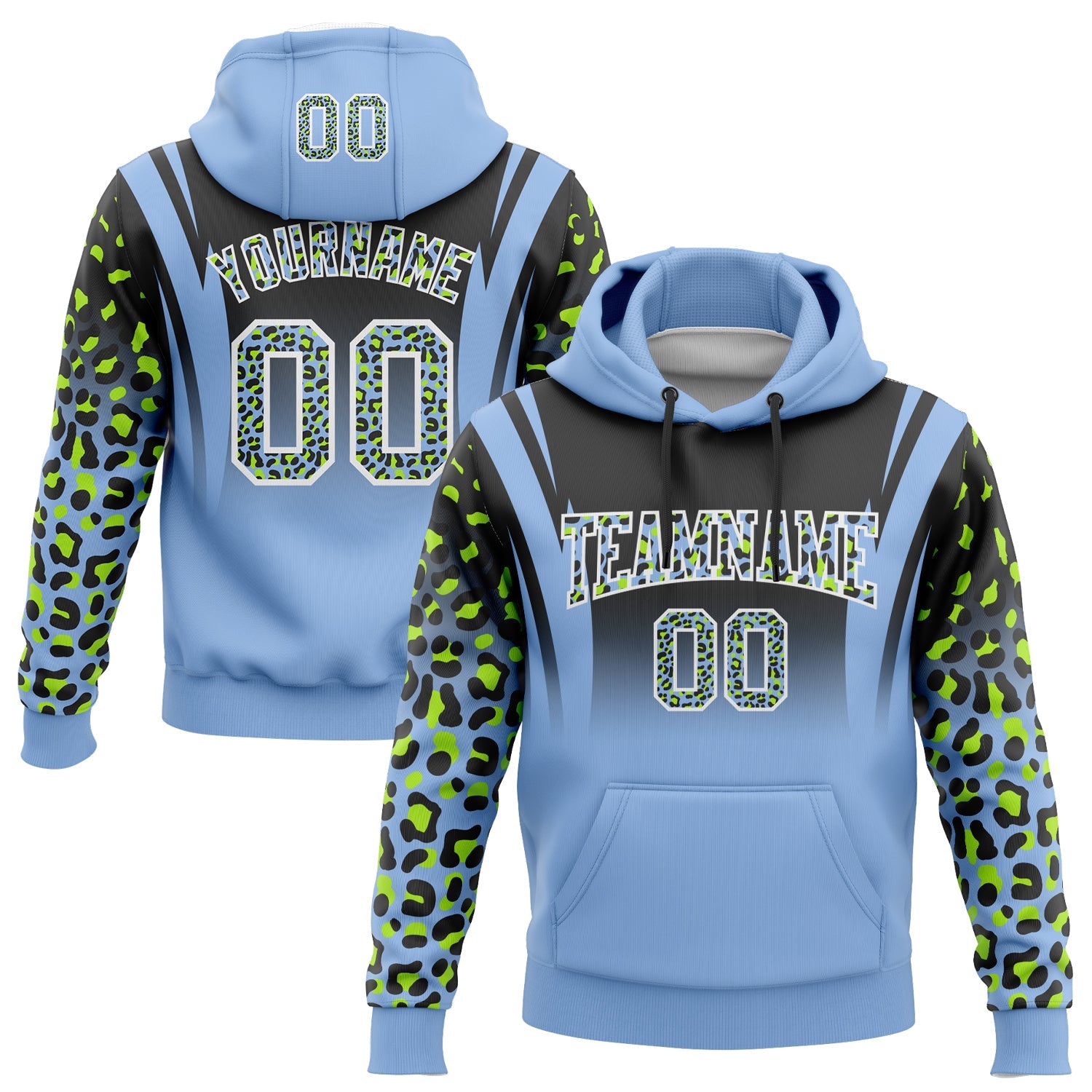 Custom Stitched Black Light Blue-Neon Green Fade Fashion Leopard Print Sports Pullover Sweatshirt Hoodie - Main View