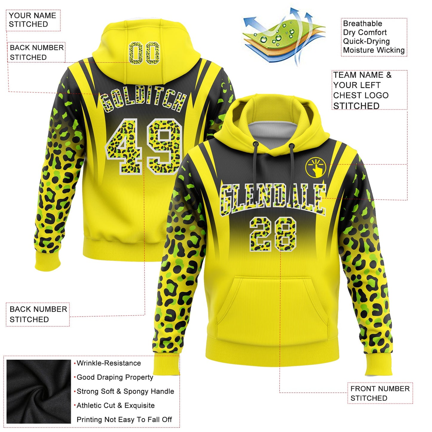 Custom Stitched Black Light Yellow-Neon Green Fade Fashion Leopard Print Sports Pullover Sweatshirt Hoodie view 2