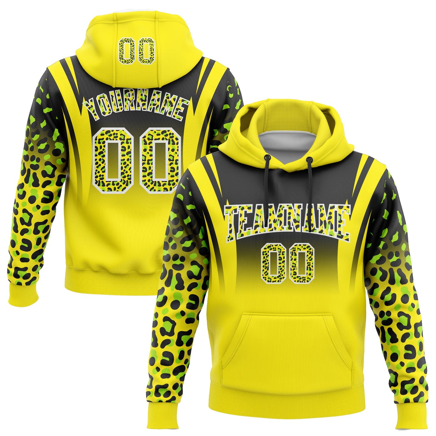 Custom Stitched Black Light Yellow-Neon Green Fade Fashion Leopard Print Sports Pullover Sweatshirt Hoodie - Main View