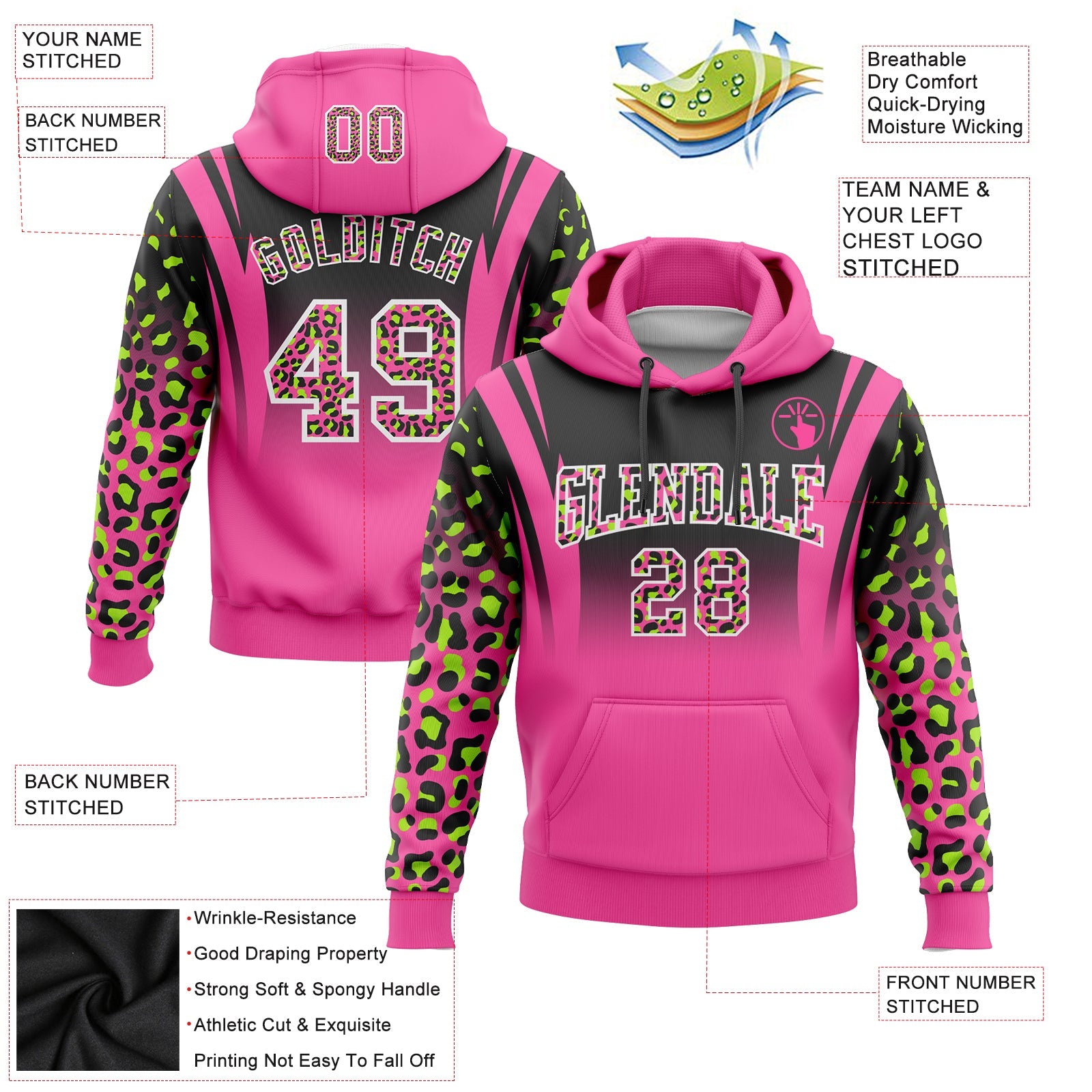 Custom Stitched Black Pink-Neon Green Fade Fashion Leopard Print Sports Pullover Sweatshirt Hoodie view 2