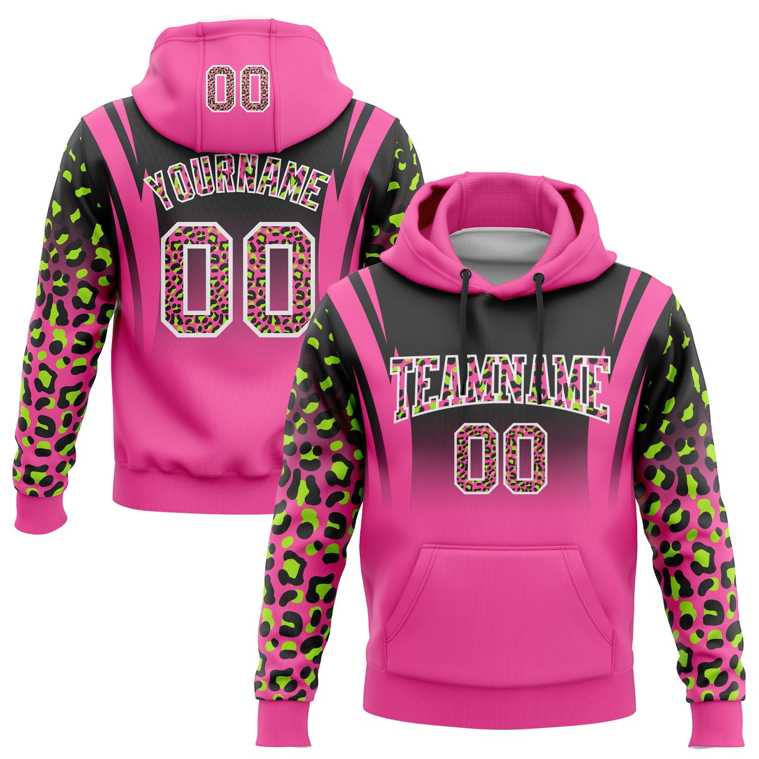 Custom Stitched Black Pink-Neon Green Fade Fashion Leopard Print Sports Pullover Sweatshirt Hoodie - Main View