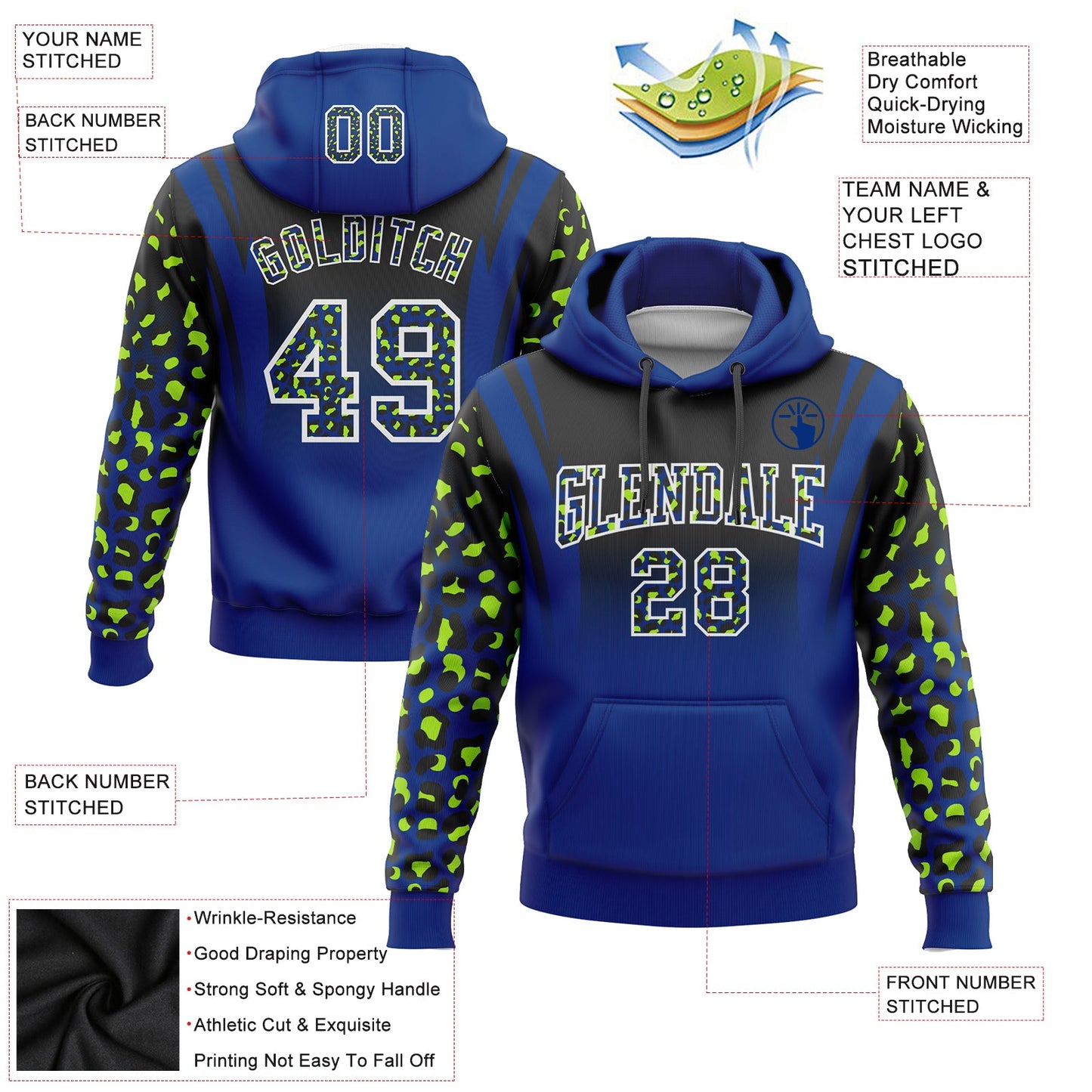 Custom Stitched Black Royal-Neon Green Fade Fashion Leopard Print Sports Pullover Sweatshirt Hoodie view 2
