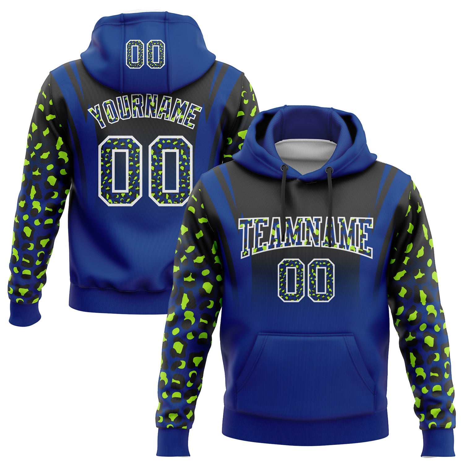 Custom Stitched Black Royal-Neon Green Fade Fashion Leopard Print Sports Pullover Sweatshirt Hoodie - Main View