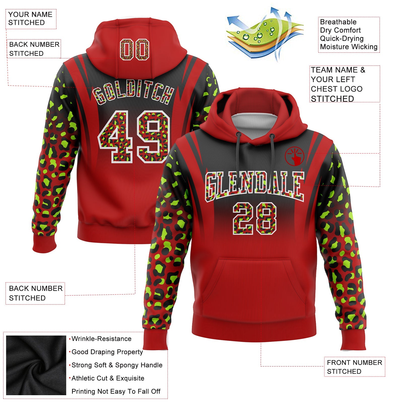Custom Stitched Black Red-Neon Green Fade Fashion Leopard Print Sports Pullover Sweatshirt Hoodie view 2
