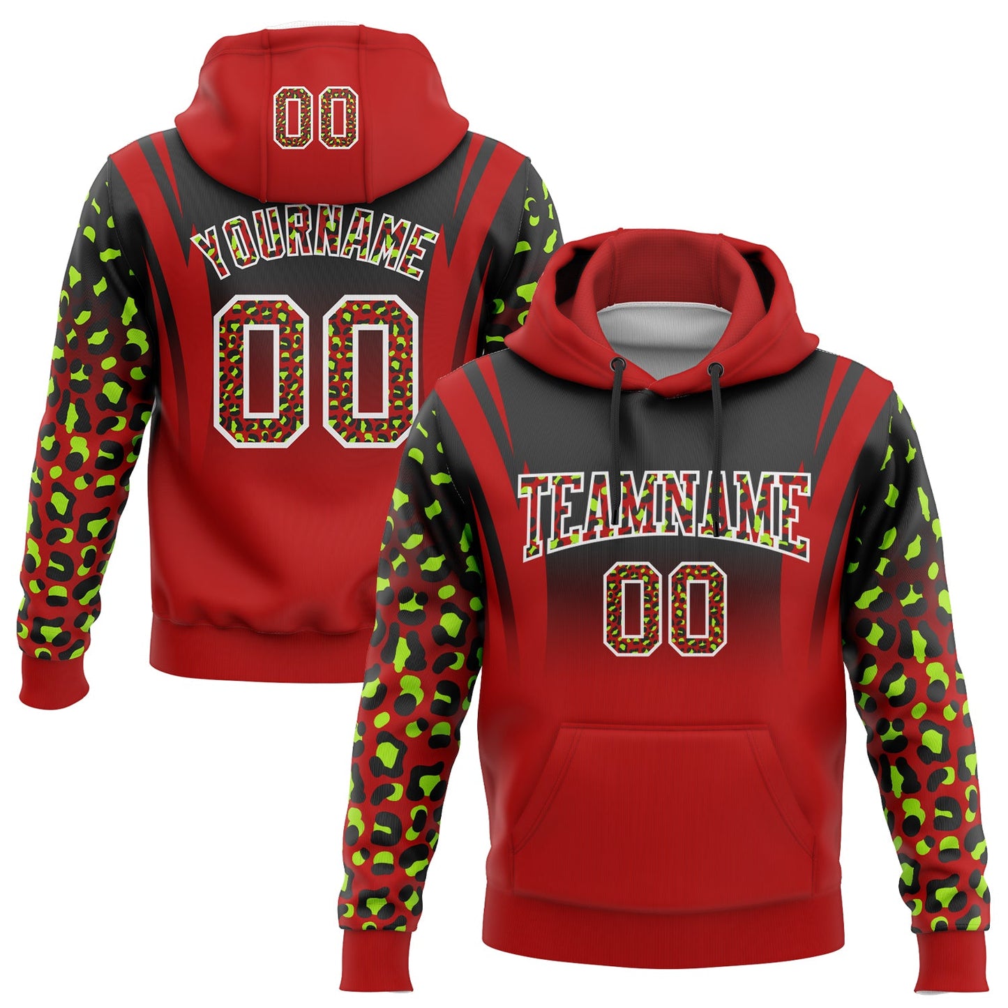 Custom Stitched Black Red-Neon Green Fade Fashion Leopard Print Sports Pullover Sweatshirt Hoodie - Main View
