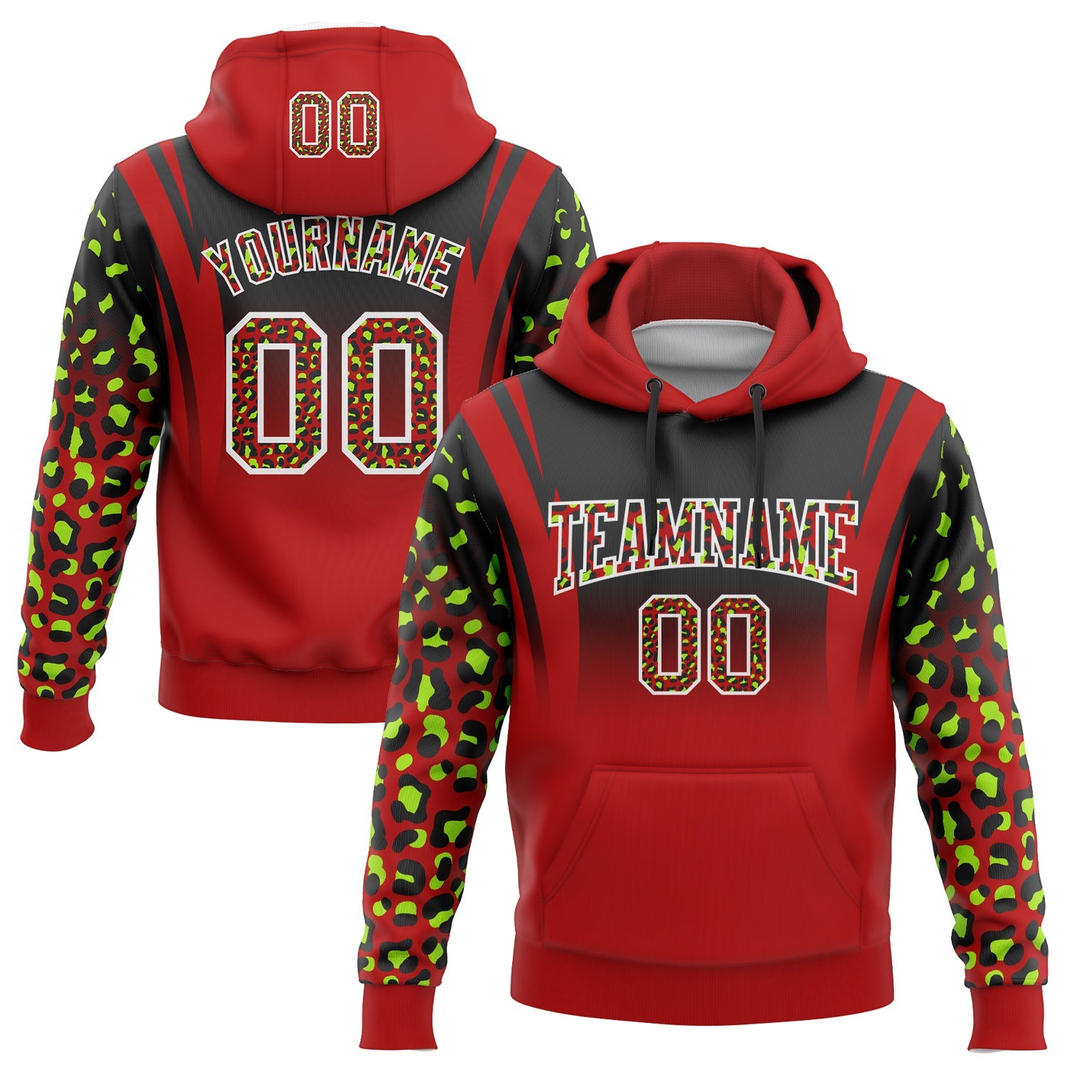Custom Stitched Black Red-Neon Green Fade Fashion Leopard Print Sports Pullover Sweatshirt Hoodie - Main View