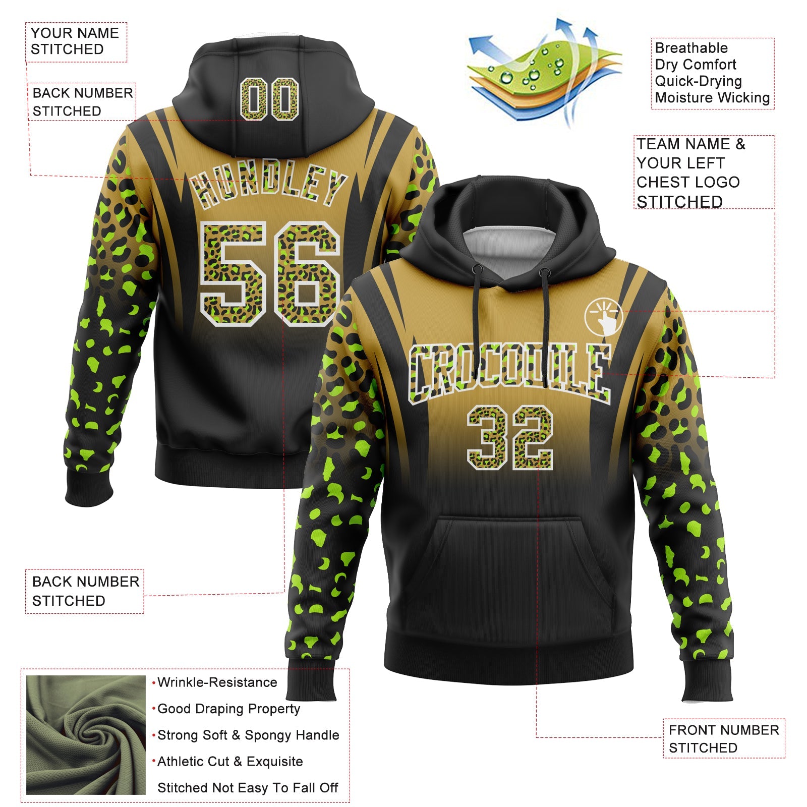 Custom Stitched Old Gold Black-White Fade Fashion Leopard Print Sports Pullover Sweatshirt Hoodie view 2