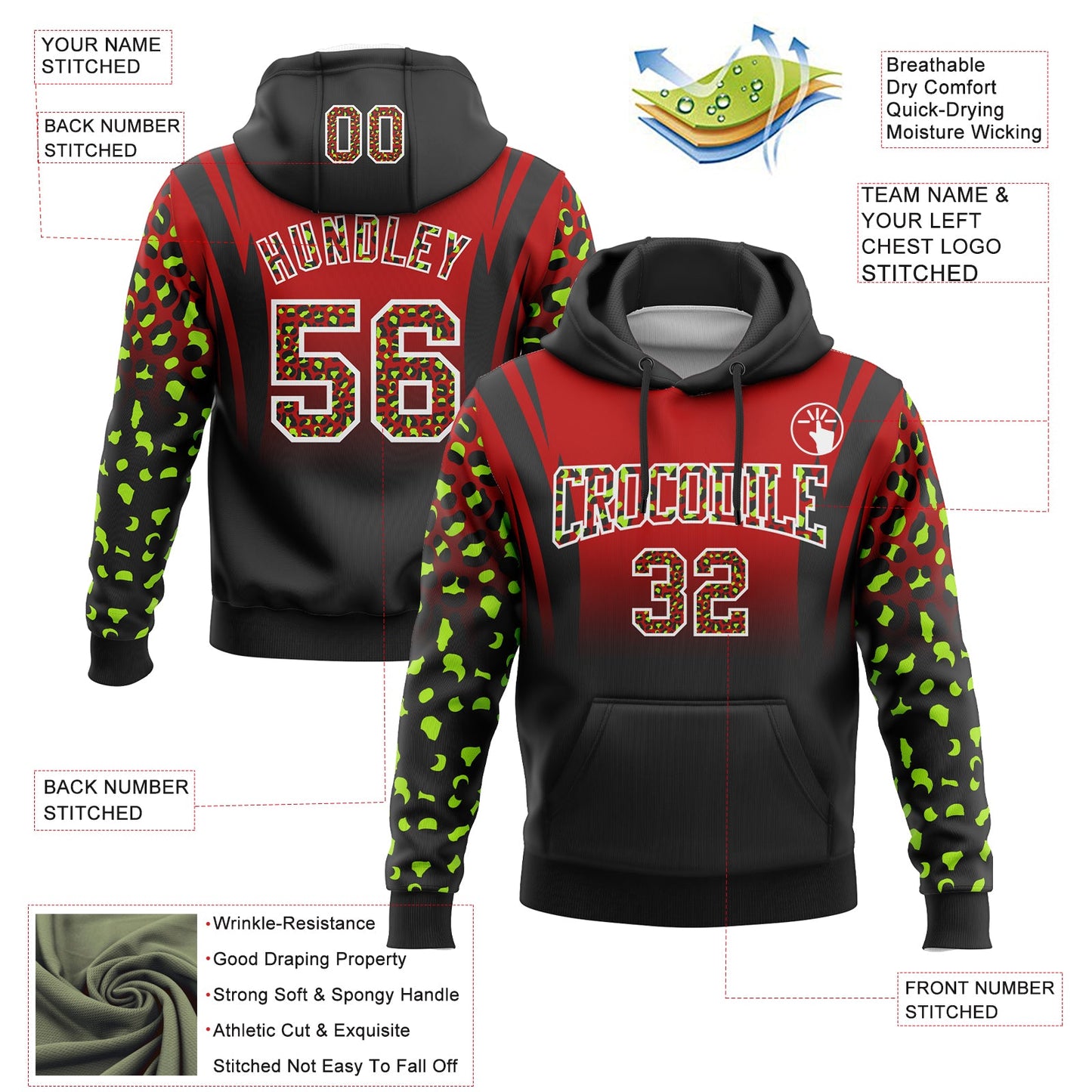 Custom Stitched Red Black-White Fade Fashion Leopard Print Sports Pullover Sweatshirt Hoodie view 2