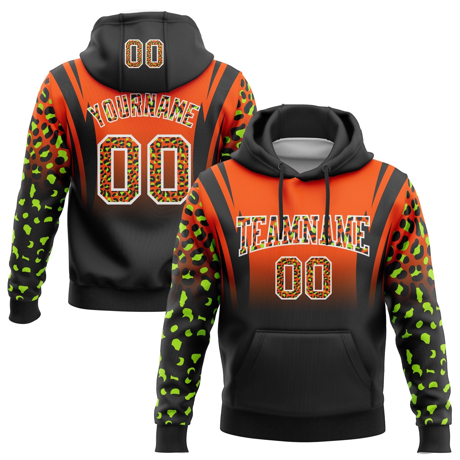 Custom Stitched Orange Black-White Fade Fashion Leopard Print Sports Pullover Sweatshirt Hoodie - Main View