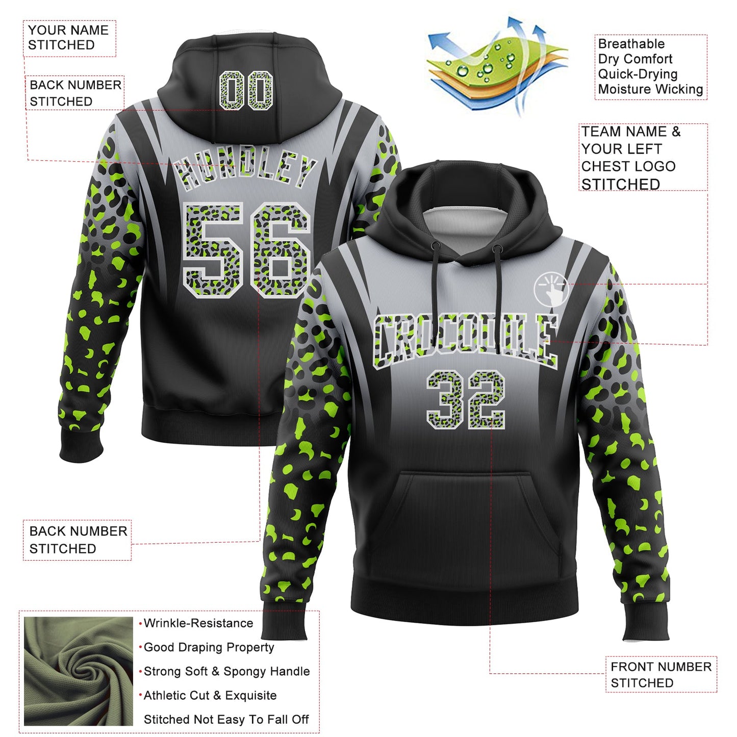 Custom Stitched Gray Black-White Fade Fashion Leopard Print Sports Pullover Sweatshirt Hoodie view 2