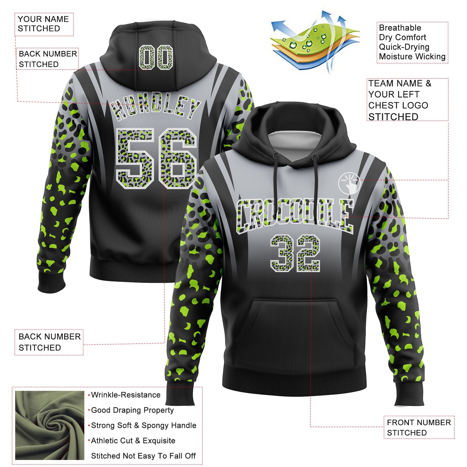 Custom Stitched Gray Black-White Fade Fashion Leopard Print Sports Pullover Sweatshirt Hoodie view 2