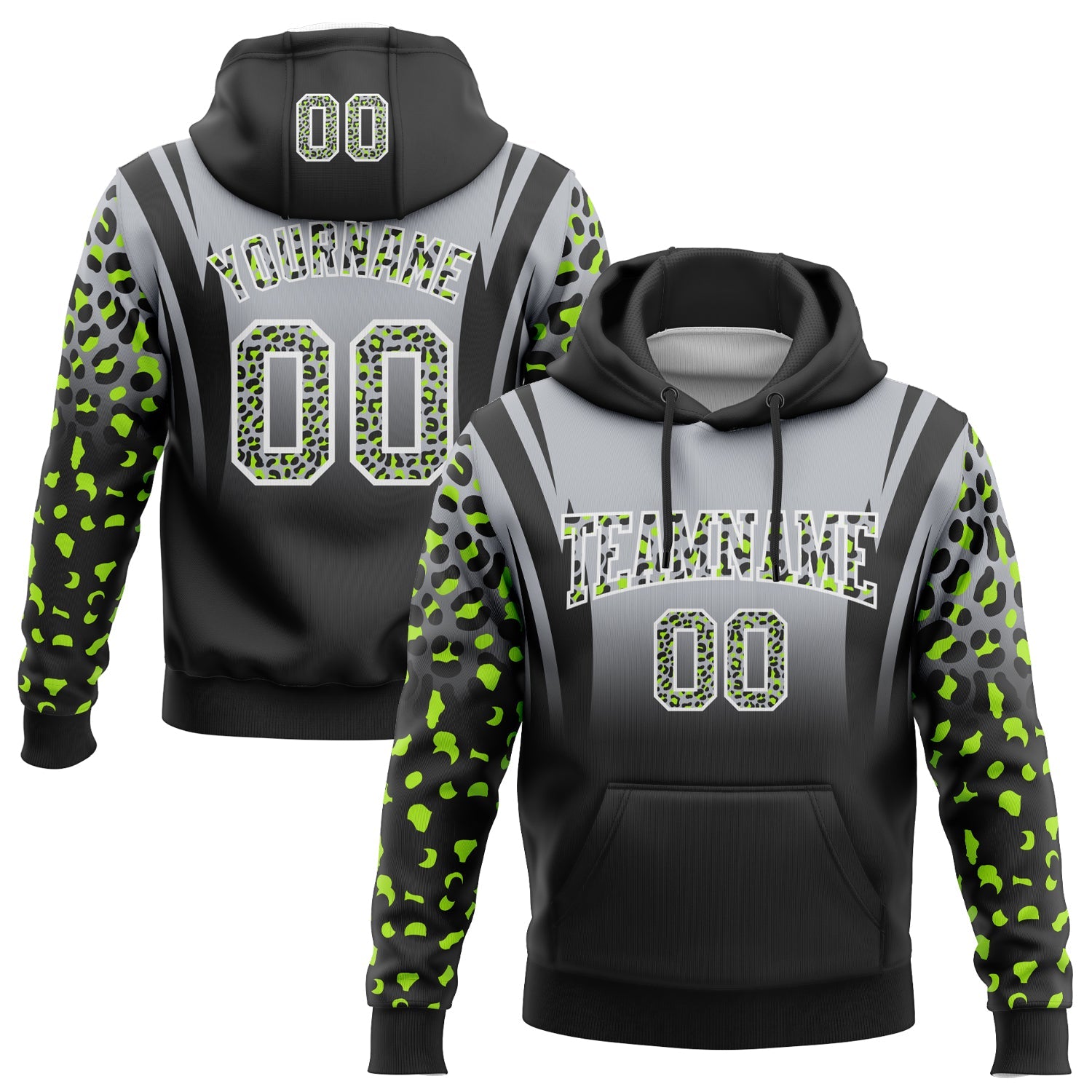 Custom Stitched Gray Black-White Fade Fashion Leopard Print Sports Pullover Sweatshirt Hoodie - Main View