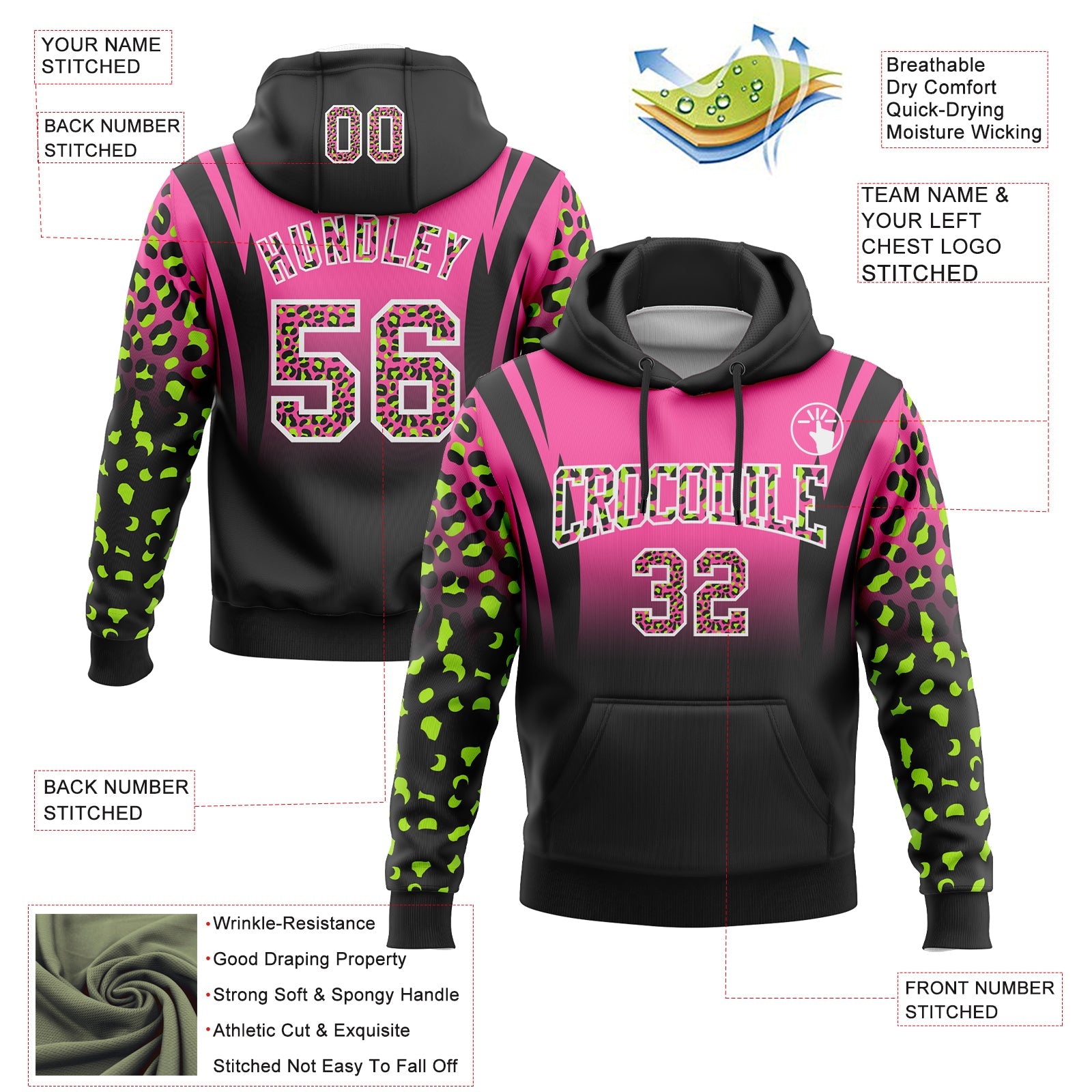 Custom Stitched Pink Black-White Fade Fashion Leopard Print Sports Pullover Sweatshirt Hoodie view 3