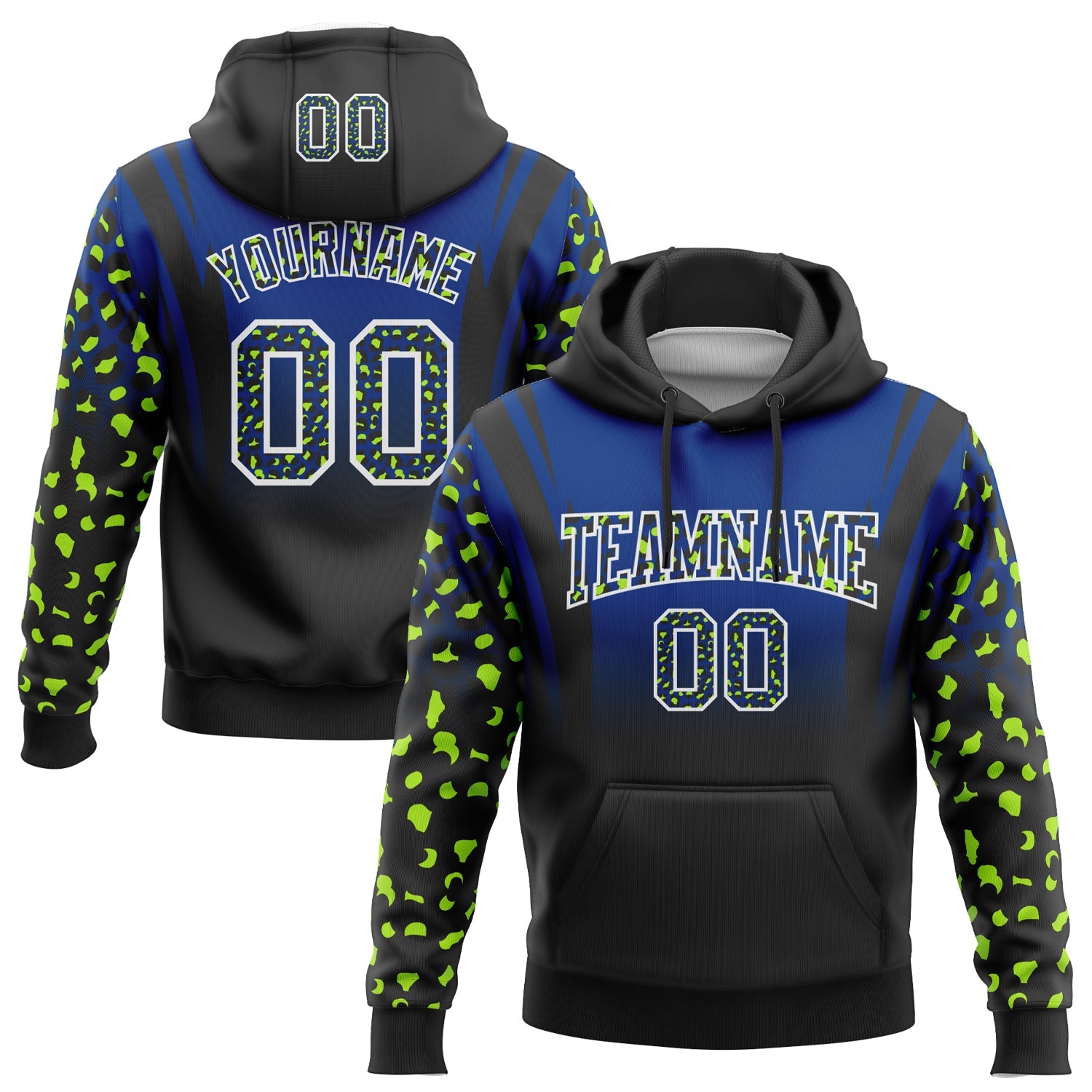 Custom Stitched Royal Black-White Fade Fashion Leopard Print Sports Pullover Sweatshirt Hoodie - Main View