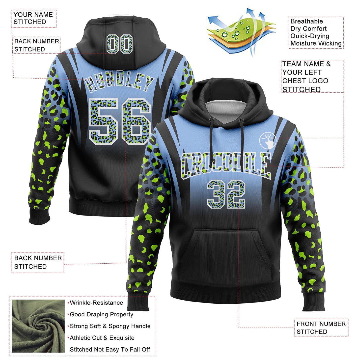 Custom Stitched Light Blue Black-White Fade Fashion Leopard Print Sports Pullover Sweatshirt Hoodie view 2