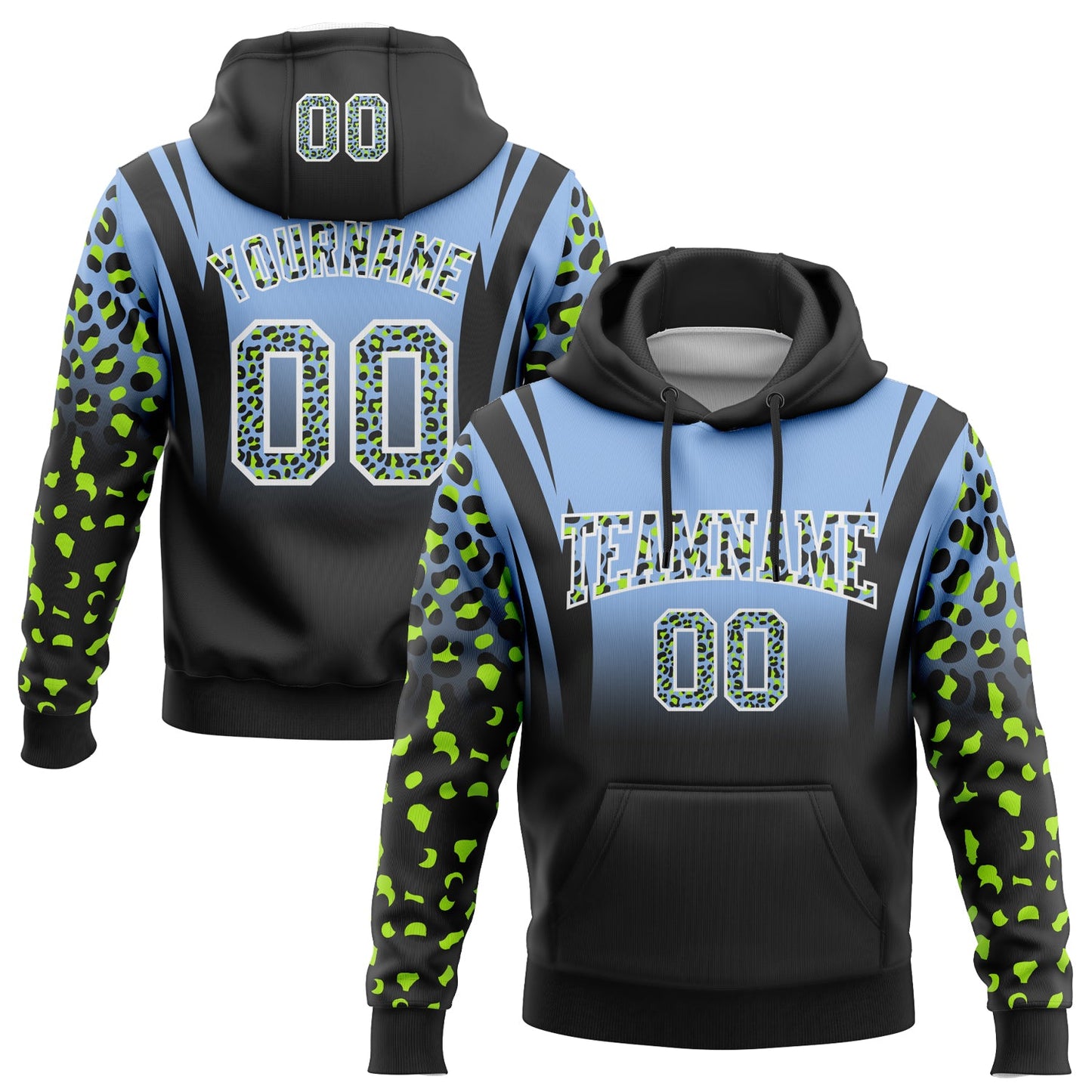 Custom Stitched Light Blue Black-White Fade Fashion Leopard Print Sports Pullover Sweatshirt Hoodie - Main View