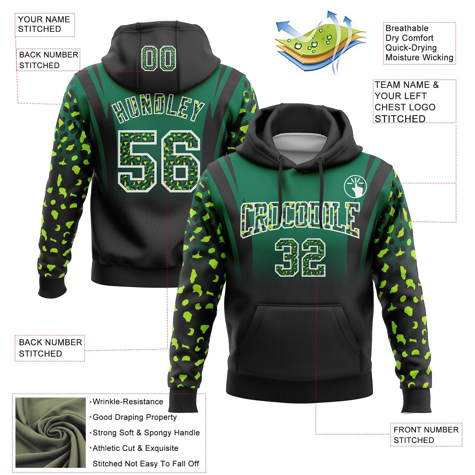 Custom Stitched Kelly Green Black-White Fade Fashion Leopard Print Sports Pullover Sweatshirt Hoodie view 2