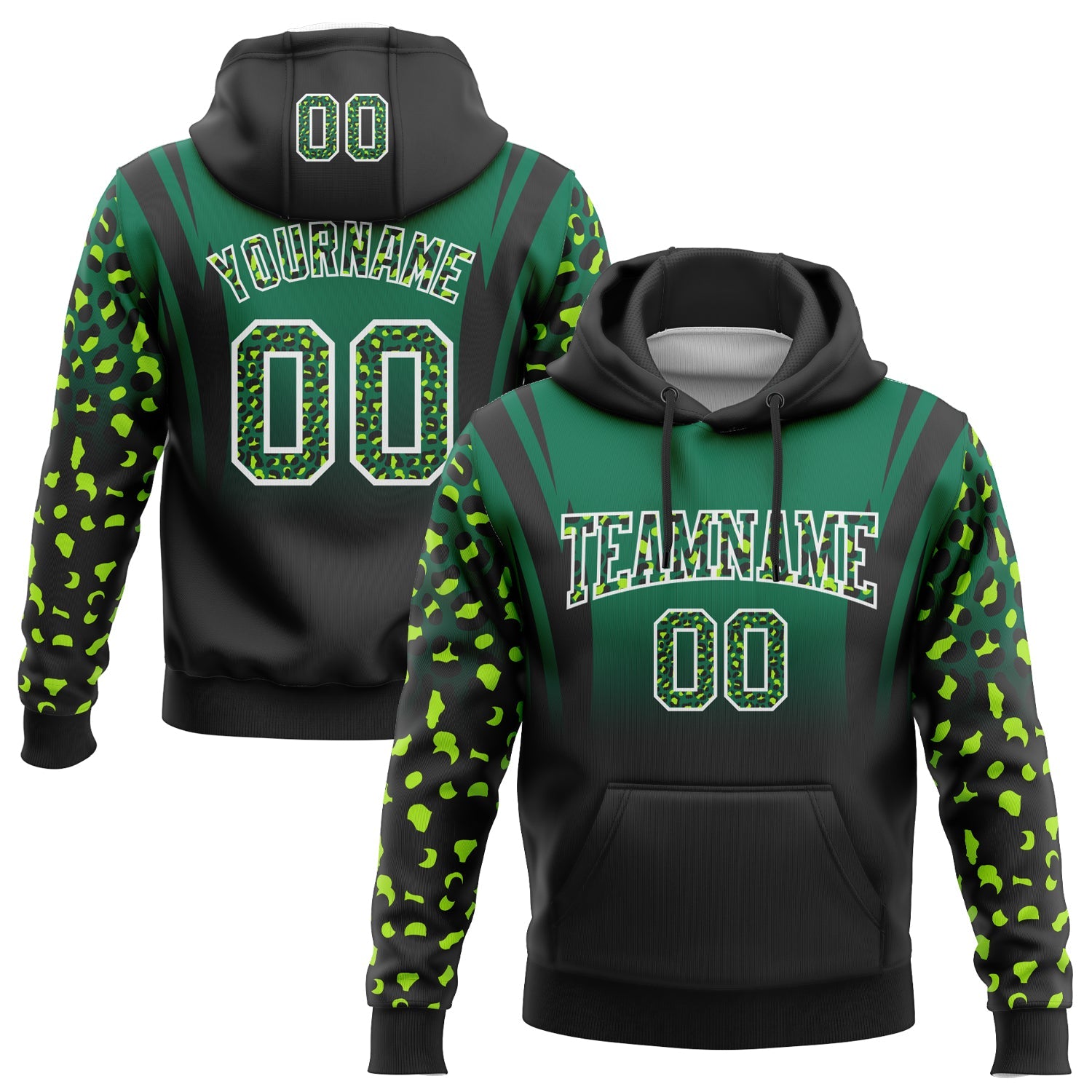 Custom Stitched Kelly Green Black-White Fade Fashion Leopard Print Sports Pullover Sweatshirt Hoodie - Main View