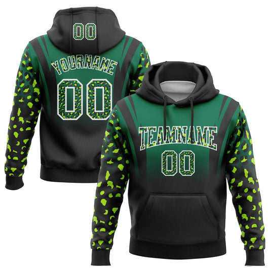 Custom Stitched Kelly Green Black-White Fade Fashion Leopard Print Sports Pullover Sweatshirt Hoodie - Main View