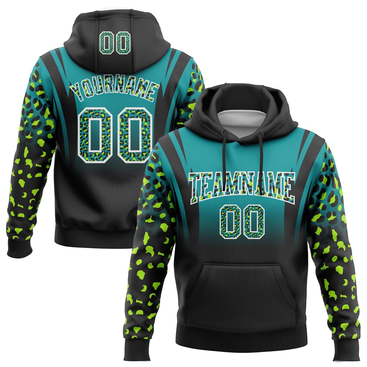 Custom Stitched Teal Black-White Fade Fashion Leopard Print Sports Pullover Sweatshirt Hoodie - Main View