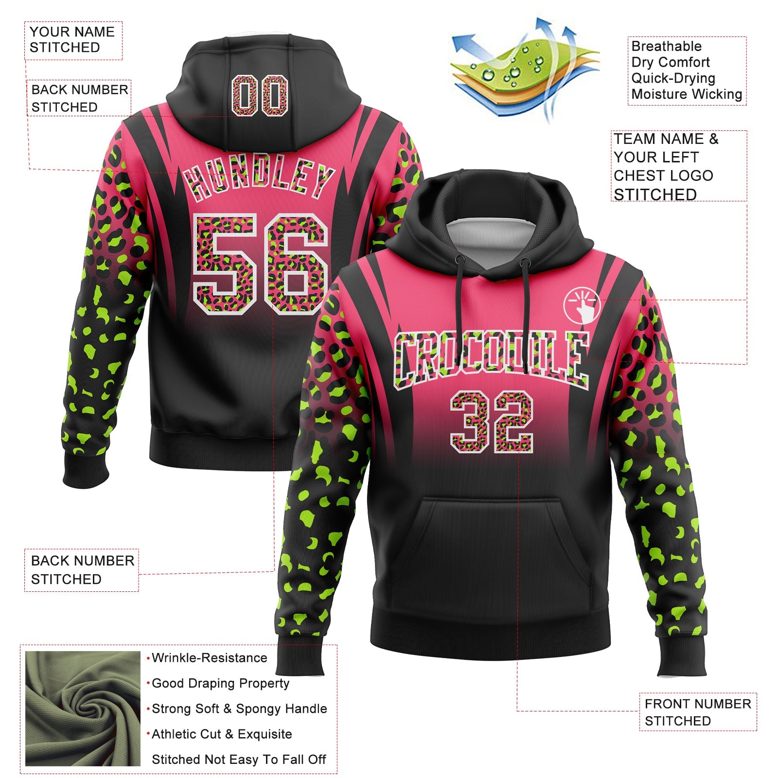 Custom Stitched Neon Pink Black-White Fade Fashion Leopard Print Sports Pullover Sweatshirt Hoodie view 2