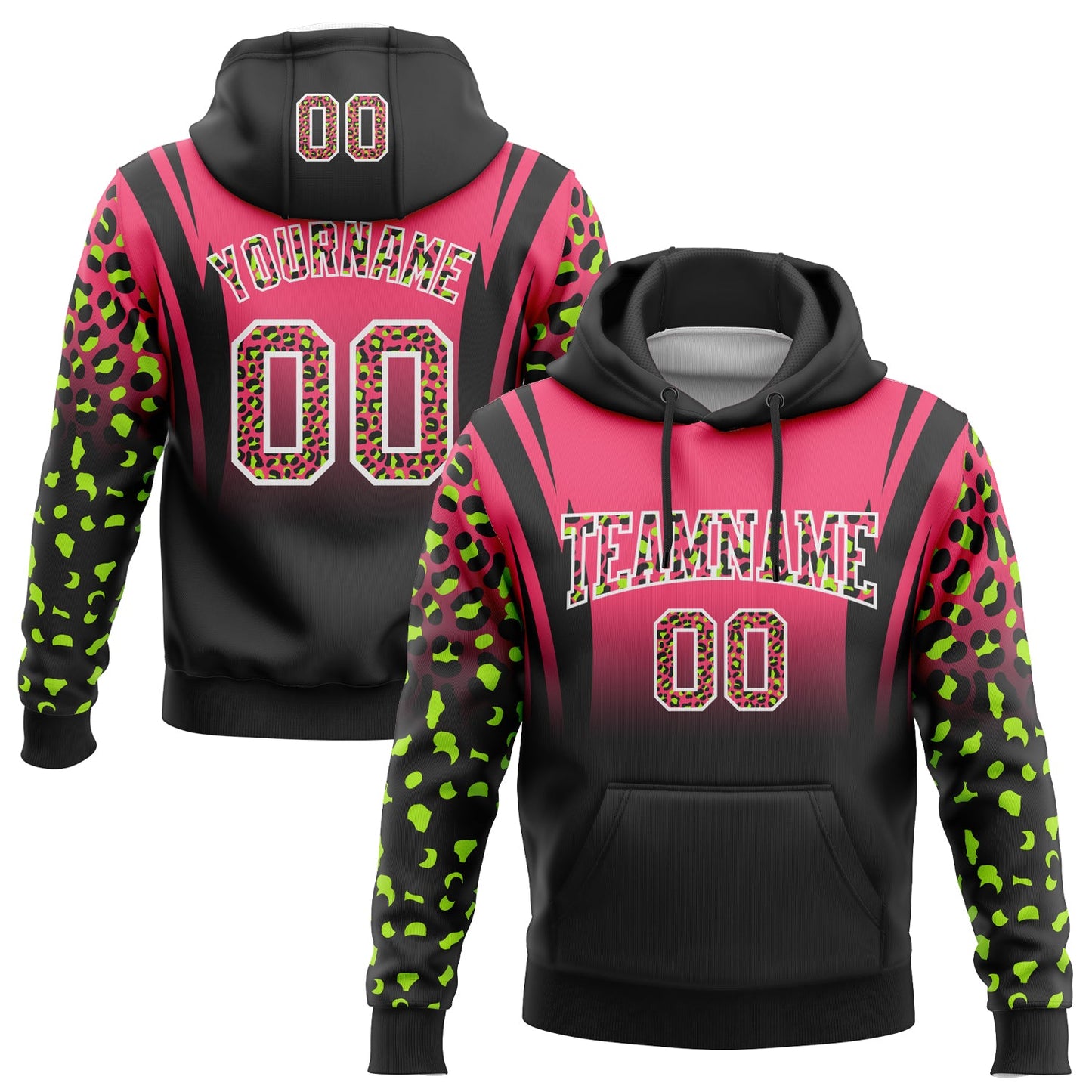 Custom Stitched Neon Pink Black-White Fade Fashion Leopard Print Sports Pullover Sweatshirt Hoodie - Main View